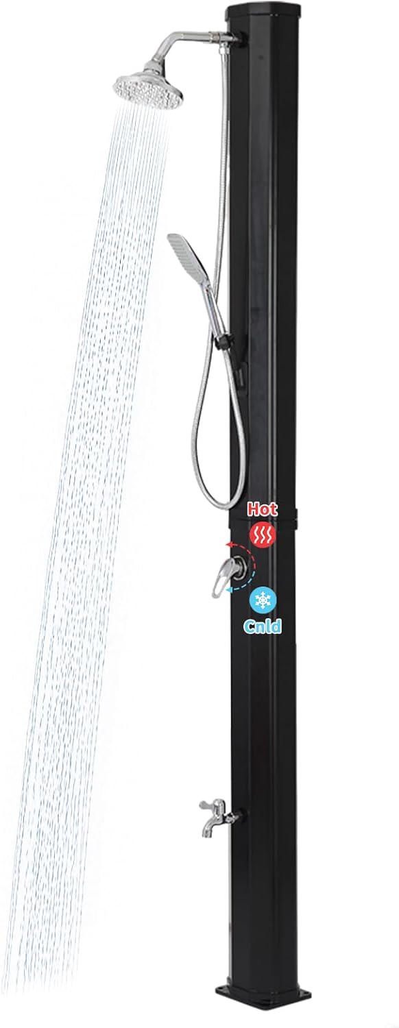9.3 Gallon Solar Heated Outdoor Shower, 7.2FT Height, 360°Rotating Rainfall + 6FT Handheld Shower + Foot Faucet, Freestanding Black Poolside Shower with Hot & Cold Water Adjustment