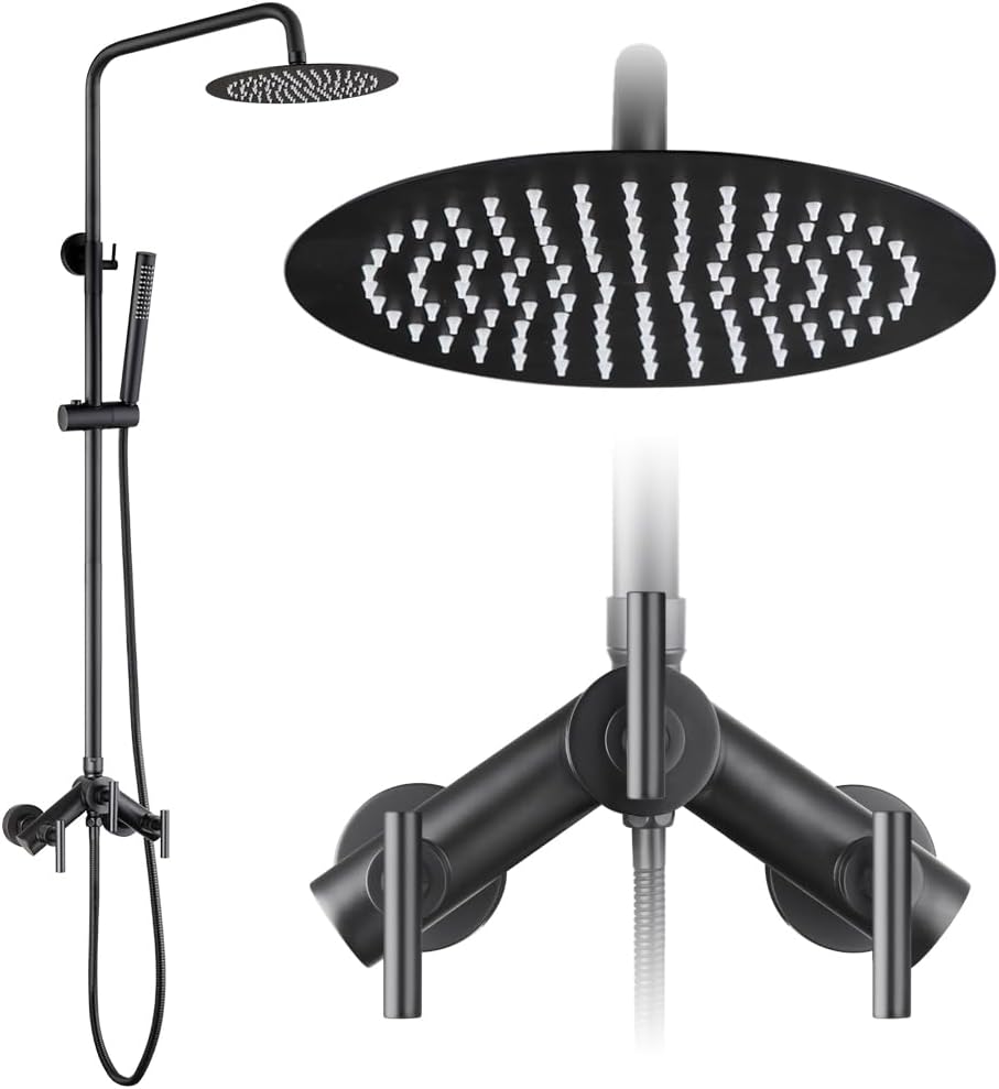 POP SANITARYWARE Outdoor Shower Kit Matte Black 2 Handle Shower Faucet Set Wall Mounted Shower Fixture High Pressure 8 Inch Shower Head System and Handheld Spray Combo
