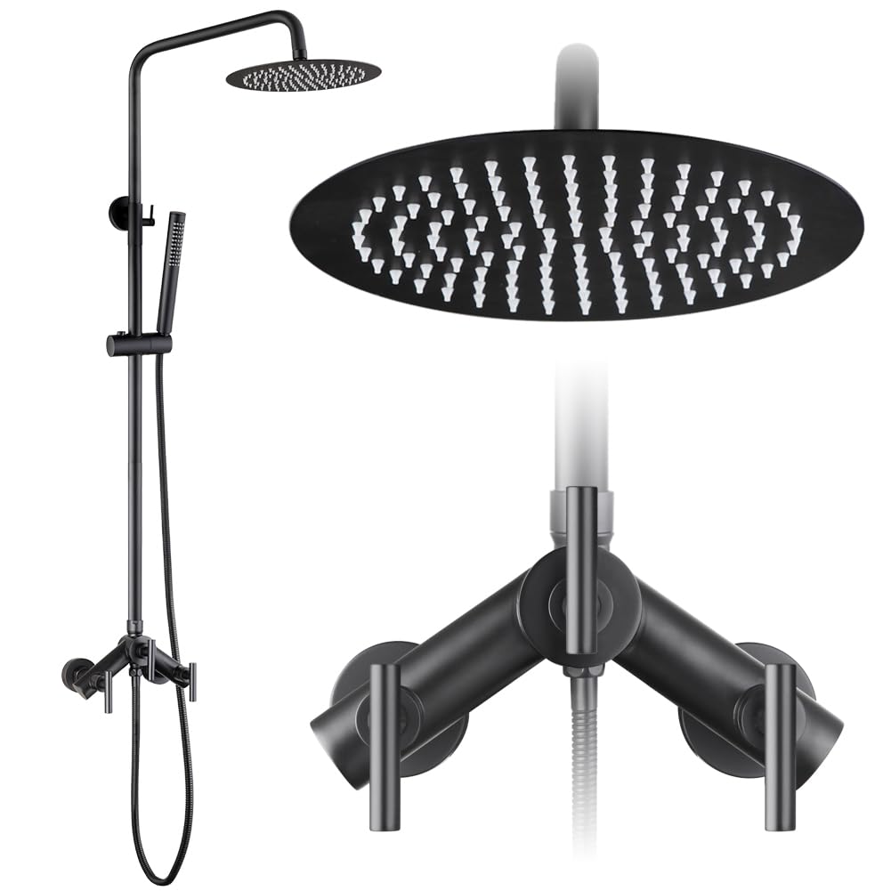 POP SANITARYWARE Outdoor Shower Kit Matte Black 2 Handle Shower Faucet Set Wall Mounted Shower Fixture High Pressure 8 Inch Shower Head System and Handheld Spray Combo