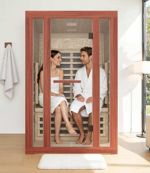 2 Person Far Infrared Sauna, Indoor Sauna for Home, 2000W Low EMF 110V with 8 Heaters, Chromotherapy Lights, Control Panel, Foot Controllable, Bluetooth Speaker, 47.2 * 41.3 * 75 in