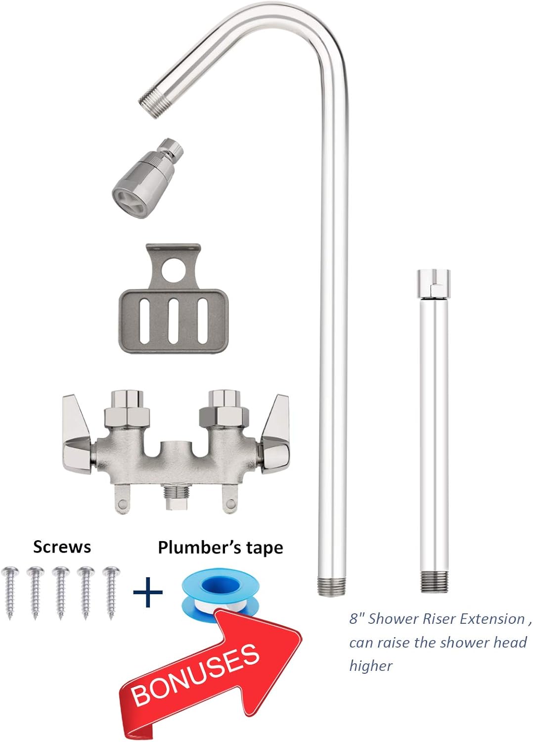 Artiwell Outdoor Shower Fixture System,with Rustproof Riser and Riser Extension, Double Handle Utility Shower Faucet with Showerhead and Soap Dish, Polished Chrome