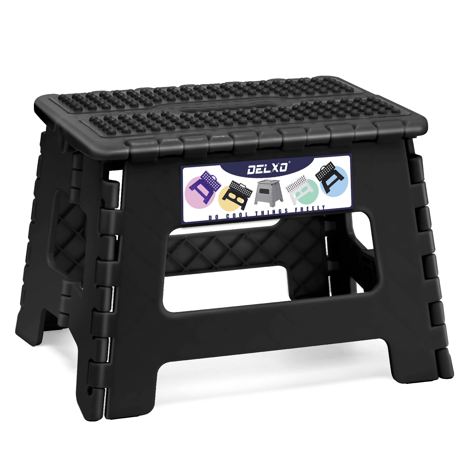 Delxo Folding Step Stool, 13 inch Non-Slip Foldable Stools Up to 300 LBS, Step Stool with Handle, Lightweight for Kitchen, Bathroom, Bedroom, Garden, Black, 1PC