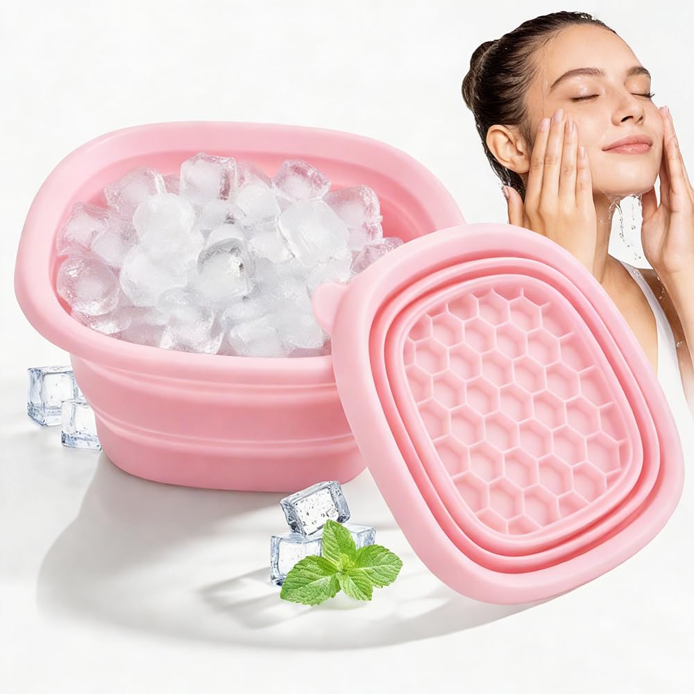 Face Ice Bath Bowl, Collapsible Silicone Bowl for Facial Cold Plunge, Reusable Cold Plunge Basin, Built-in Ice Tray for Skin Tightening, Ice Bath Tool for Home,Travel, Camping (Black, Square)