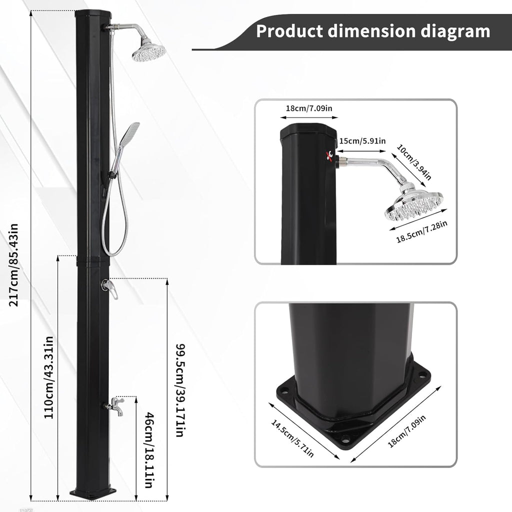 9.3 Gallon Solar Heated Outdoor Shower, 7.2FT Height, 360°Rotating Rainfall + 6FT Handheld Shower + Foot Faucet, Freestanding Black Poolside Shower with Hot & Cold Water Adjustment