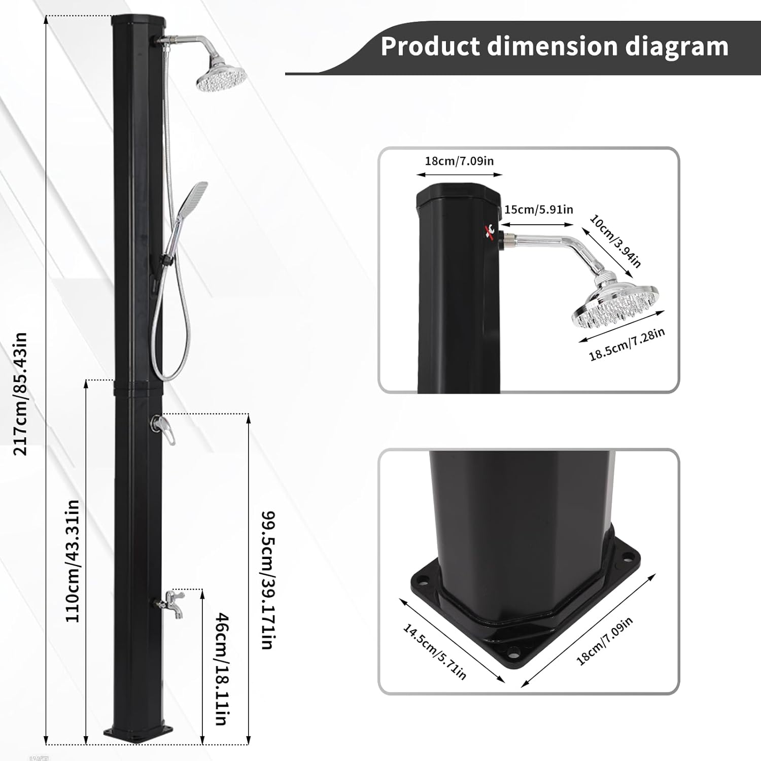 9.3 Gallon Solar Heated Outdoor Shower, 7.2FT Height, 360°Rotating Rainfall + 6FT Handheld Shower + Foot Faucet, Freestanding Black Poolside Shower with Hot & Cold Water Adjustment