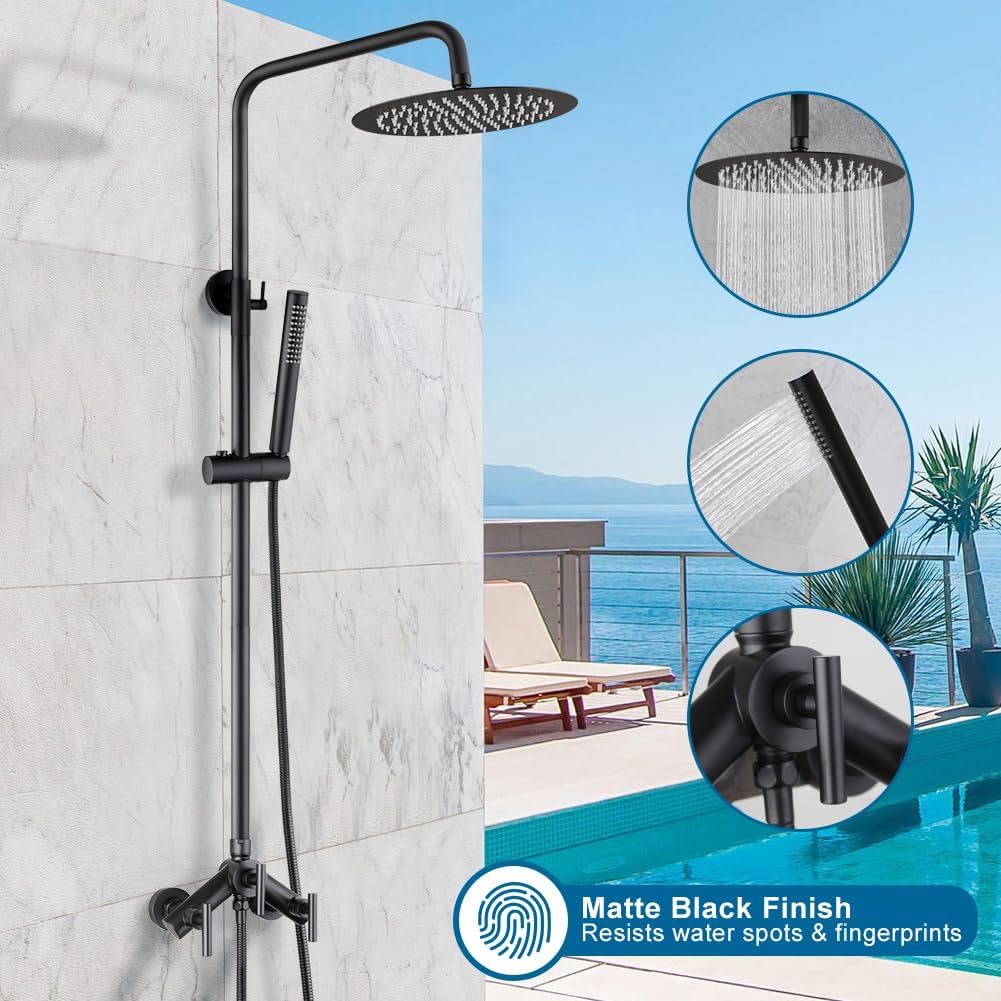 POP SANITARYWARE Outdoor Shower Kit Matte Black 2 Handle Shower Faucet Set Wall Mounted Shower Fixture High Pressure 8 Inch Shower Head System and Handheld Spray Combo