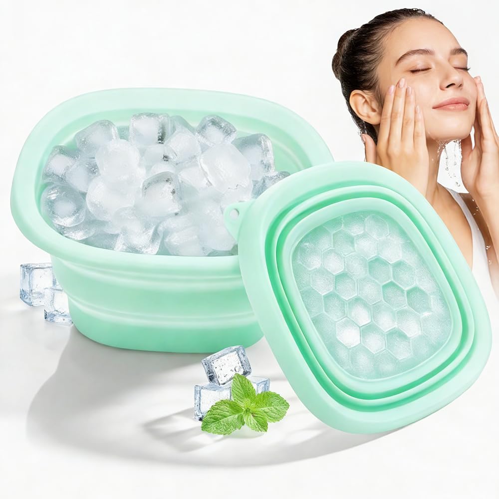 Face Ice Bath Bowl, Collapsible Silicone Bowl for Facial Cold Plunge, Reusable Cold Plunge Basin, Built-in Ice Tray for Skin Tightening, Ice Bath Tool for Home,Travel, Camping (Black, Square)