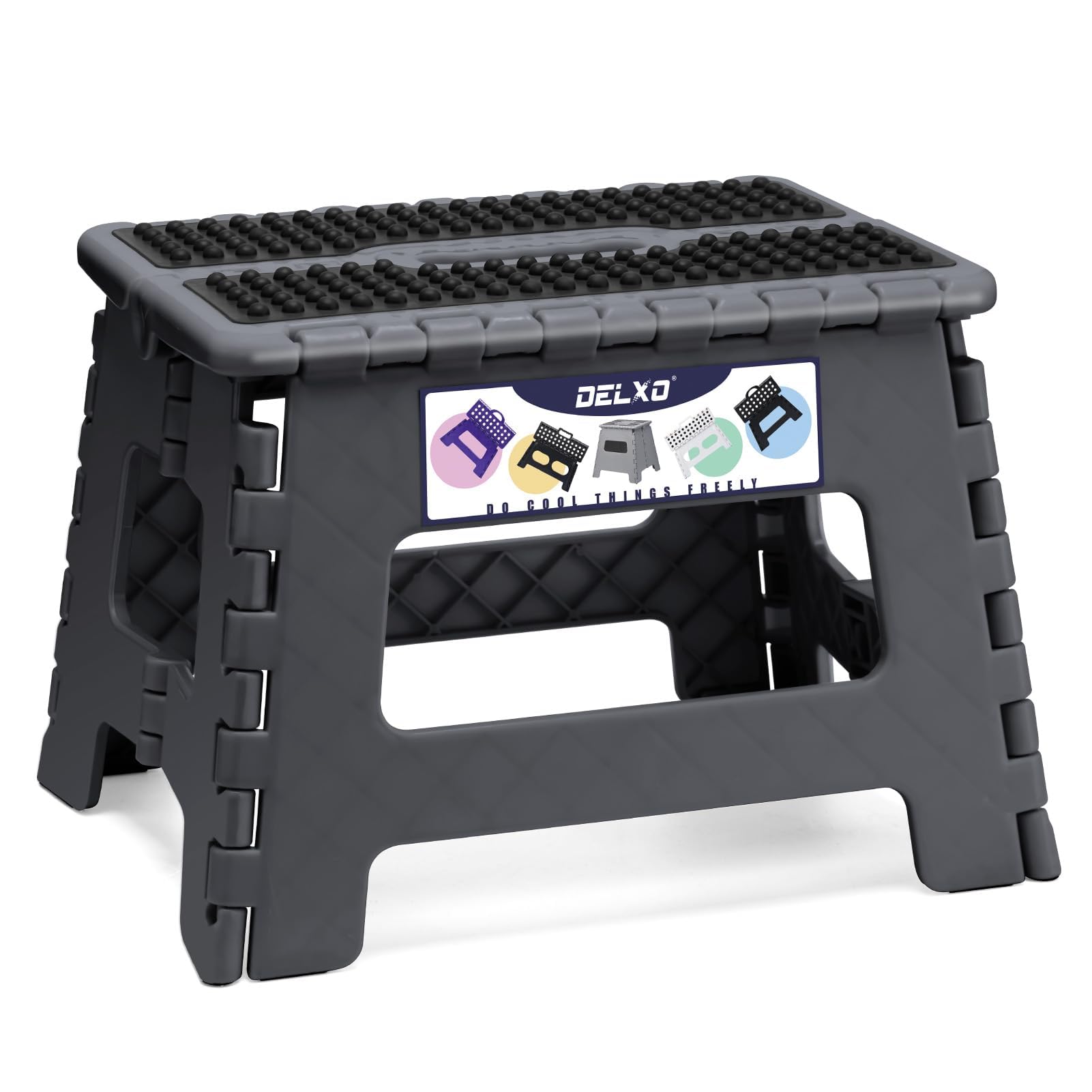 Delxo Folding Step Stool, 13 inch Non-Slip Foldable Stools Up to 300 LBS, Step Stool with Handle, Lightweight for Kitchen, Bathroom, Bedroom, Garden, Black, 1PC