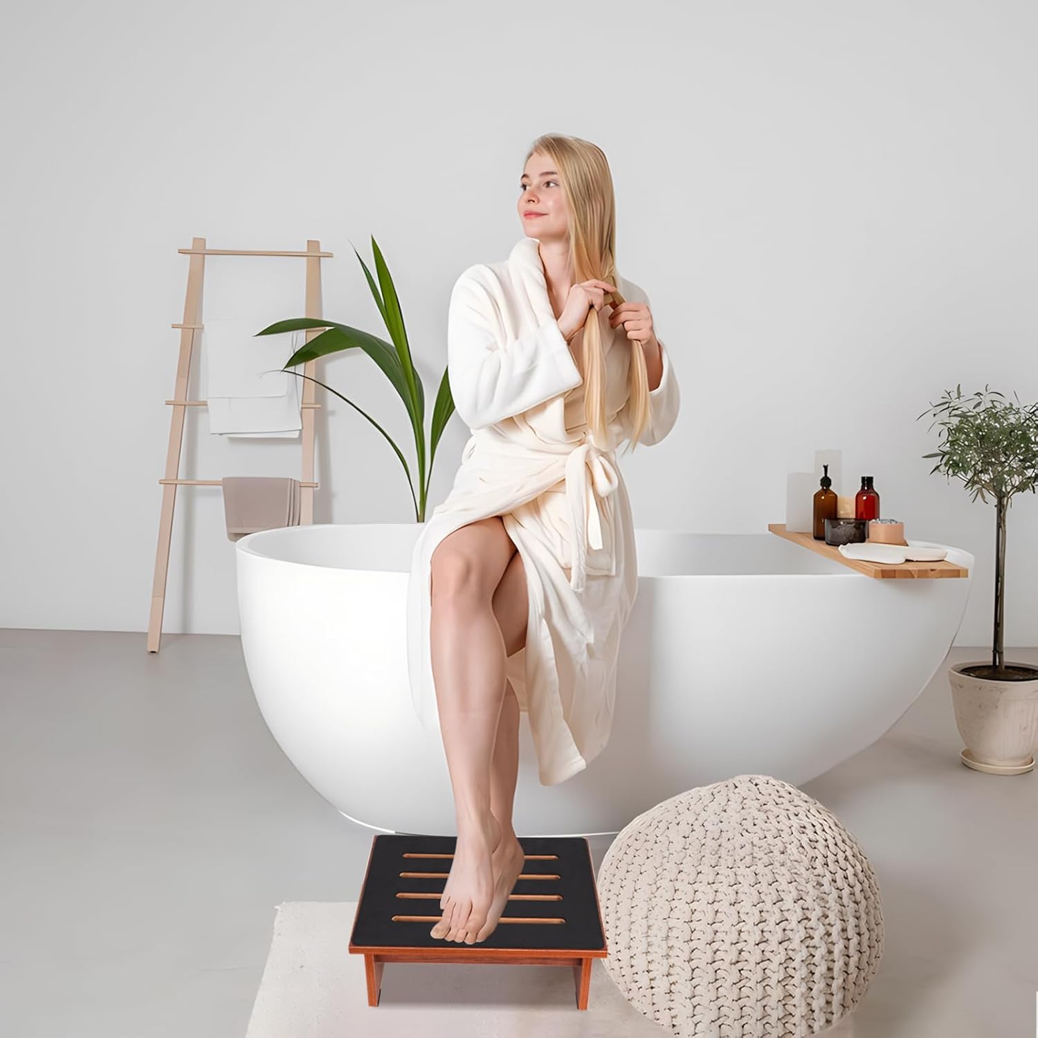 One Step Stool for Adults Seniors with Non-Slip Rubber Stepping Surface, Heavy Duty Wooden Step Stool with 450 LBS Capacity Bed Steps for High Beds, Bathroom, Bedroom, Kitchen & Kids Bedside Support