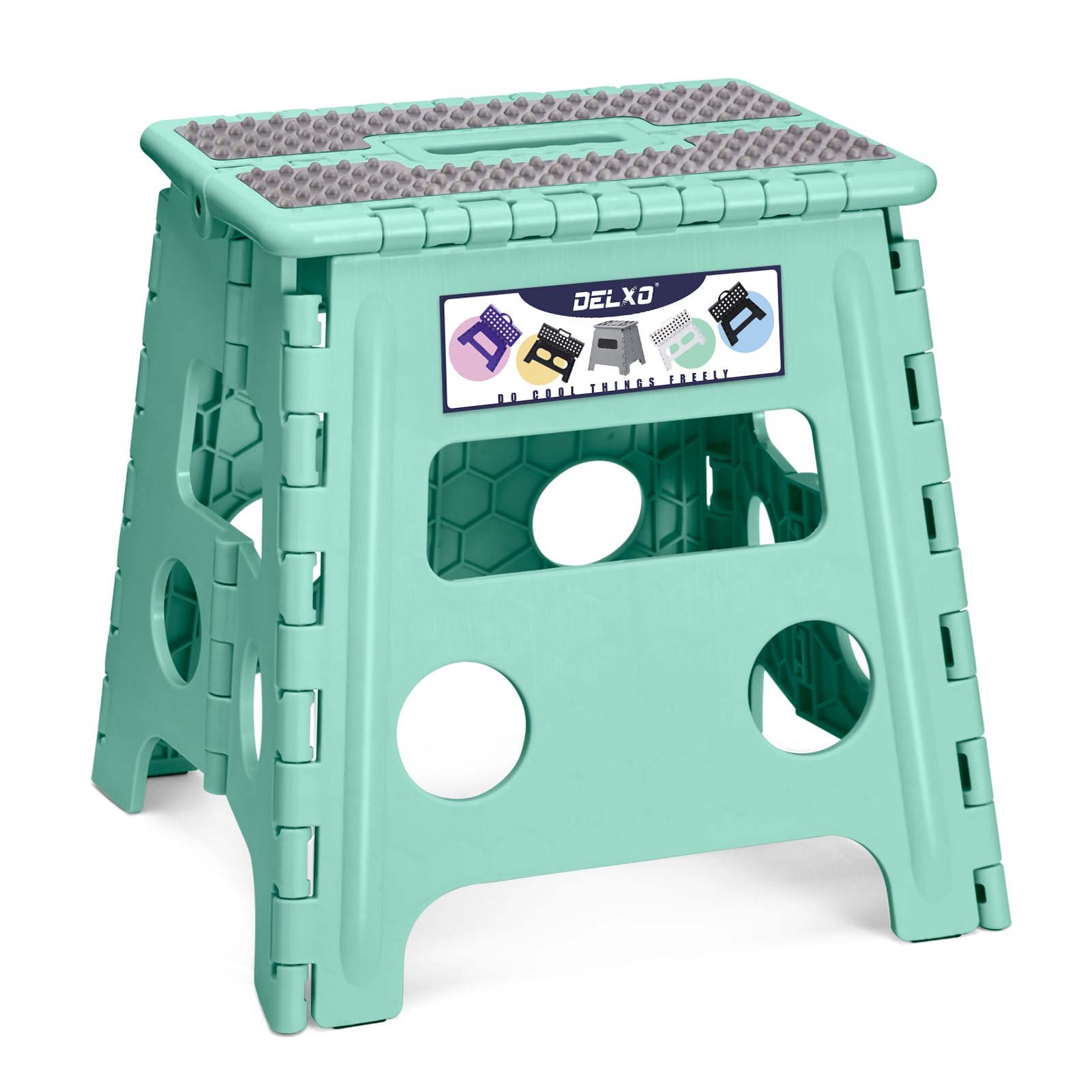 Delxo Folding Step Stool, 13 inch Non-Slip Foldable Stools Up to 300 LBS, Step Stool with Handle, Lightweight for Kitchen, Bathroom, Bedroom, Garden, Black, 1PC