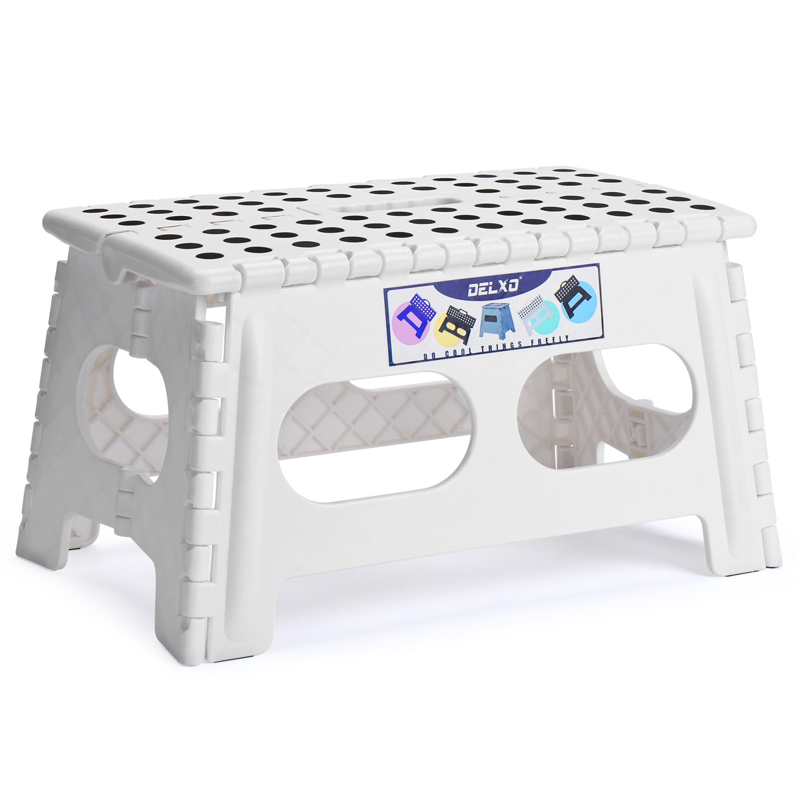 Delxo Folding Step Stool, 13 inch Non-Slip Foldable Stools Up to 300 LBS, Step Stool with Handle, Lightweight for Kitchen, Bathroom, Bedroom, Garden, Black, 1PC