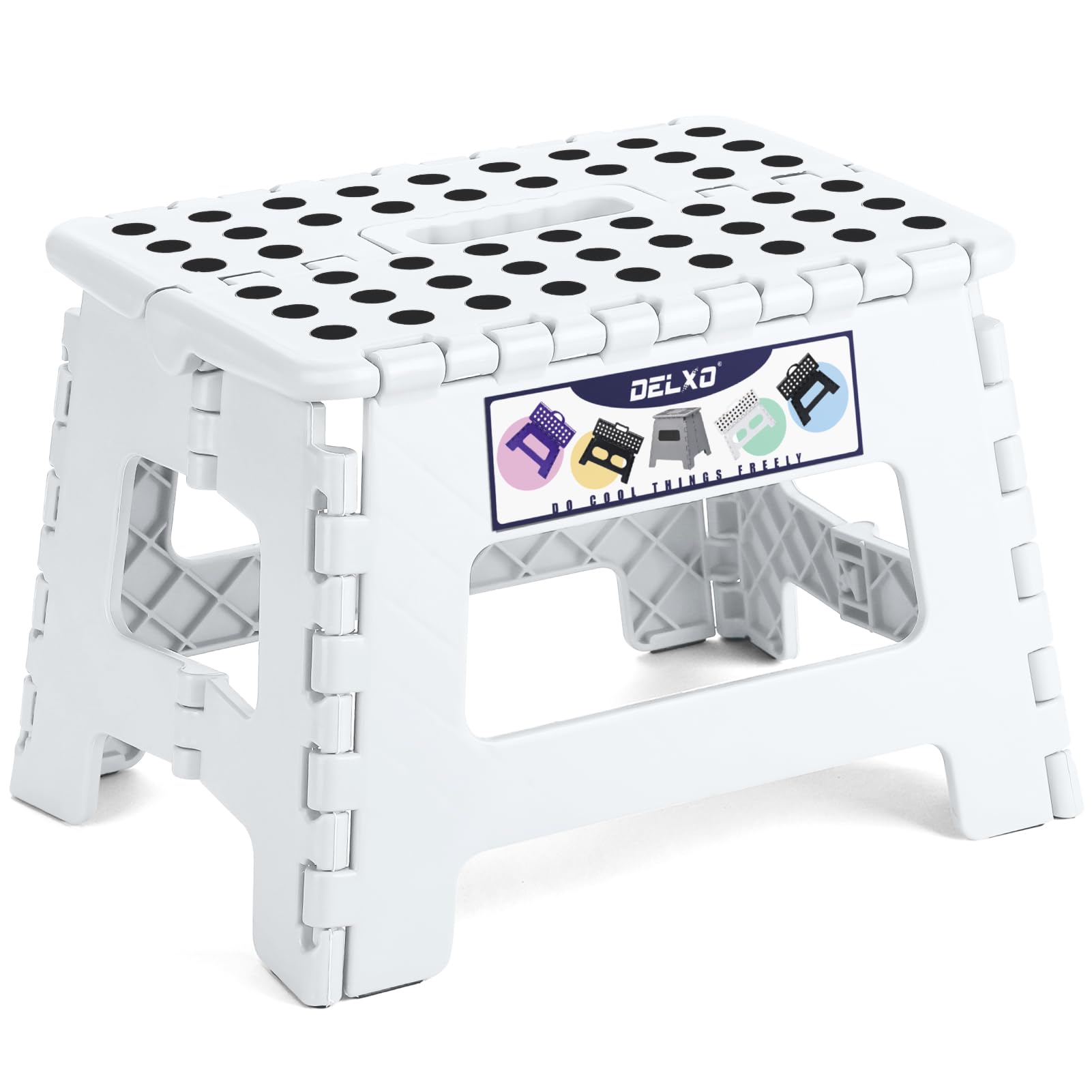 Delxo Folding Step Stool, 13 inch Non-Slip Foldable Stools Up to 300 LBS, Step Stool with Handle, Lightweight for Kitchen, Bathroom, Bedroom, Garden, Black, 1PC