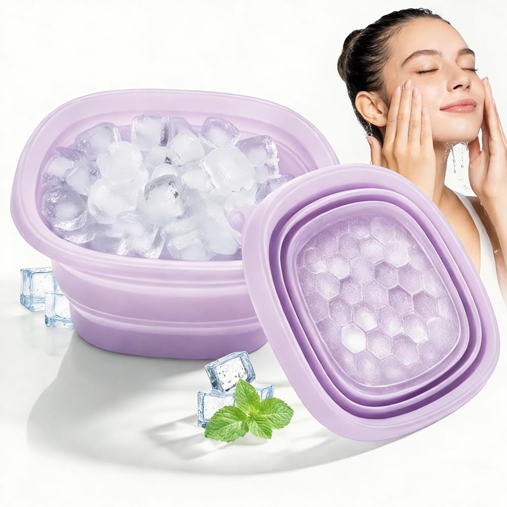 Face Ice Bath Bowl, Collapsible Silicone Bowl for Facial Cold Plunge, Reusable Cold Plunge Basin, Built-in Ice Tray for Skin Tightening, Ice Bath Tool for Home,Travel, Camping (Black, Square)