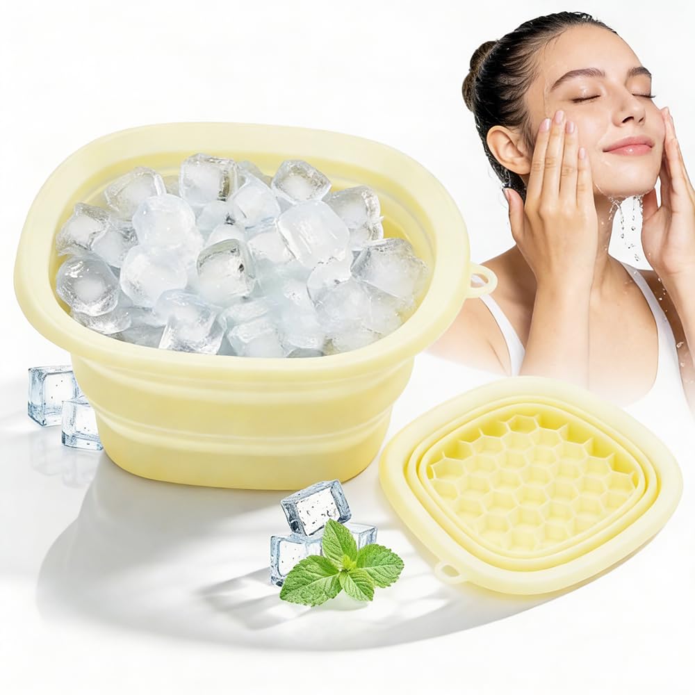 Face Ice Bath Bowl, Collapsible Silicone Bowl for Facial Cold Plunge, Reusable Cold Plunge Basin, Built-in Ice Tray for Skin Tightening, Ice Bath Tool for Home,Travel, Camping (Black, Square)