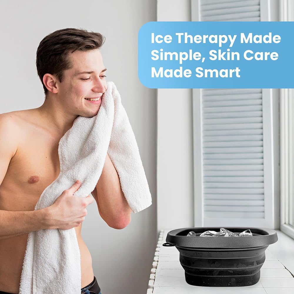 Face Ice Bath Bowl, Collapsible Silicone Bowl for Facial Cold Plunge, Reusable Cold Plunge Basin, Built-in Ice Tray for Skin Tightening, Ice Bath Tool for Home,Travel, Camping (Black, Square)