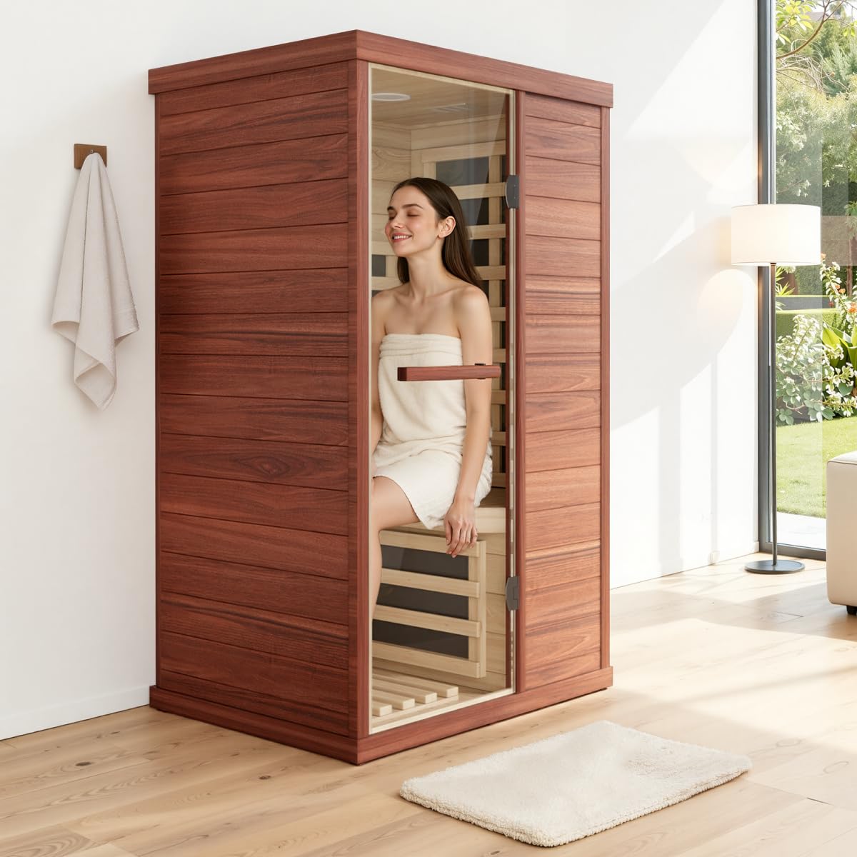 1 Person Far Infrared Sauna, Canadian Hemlock Thickened Wood, Extra-Thick Explosion-Proof Glass, 1000W Low EMF 110V with 7 Heaters, Chromotherapy Lights, Control Panel, Bluetooth Speaker, Red Cedar