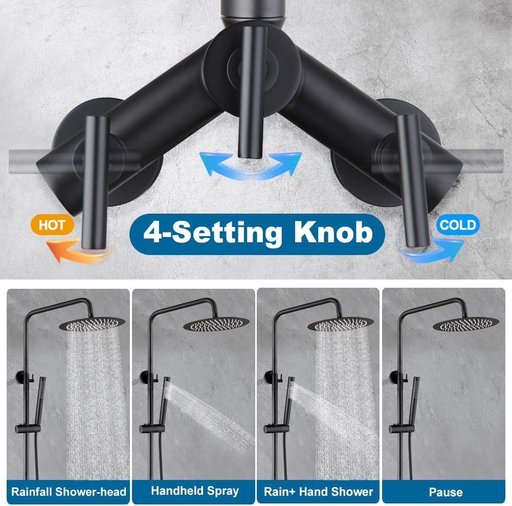 POP SANITARYWARE Outdoor Shower Kit Matte Black 2 Handle Shower Faucet Set Wall Mounted Shower Fixture High Pressure 8 Inch Shower Head System and Handheld Spray Combo