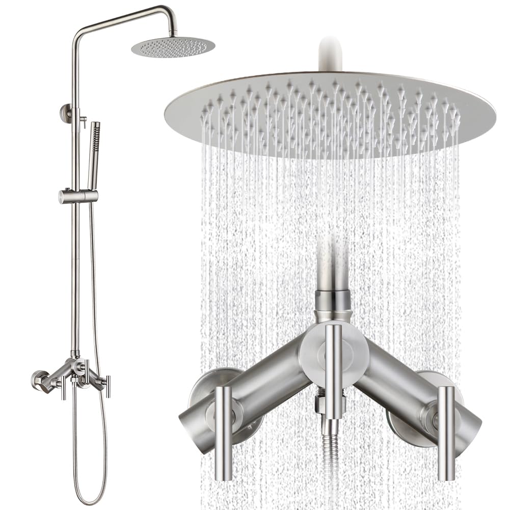 POP SANITARYWARE Outdoor Shower Kit Matte Black 2 Handle Shower Faucet Set Wall Mounted Shower Fixture High Pressure 8 Inch Shower Head System and Handheld Spray Combo