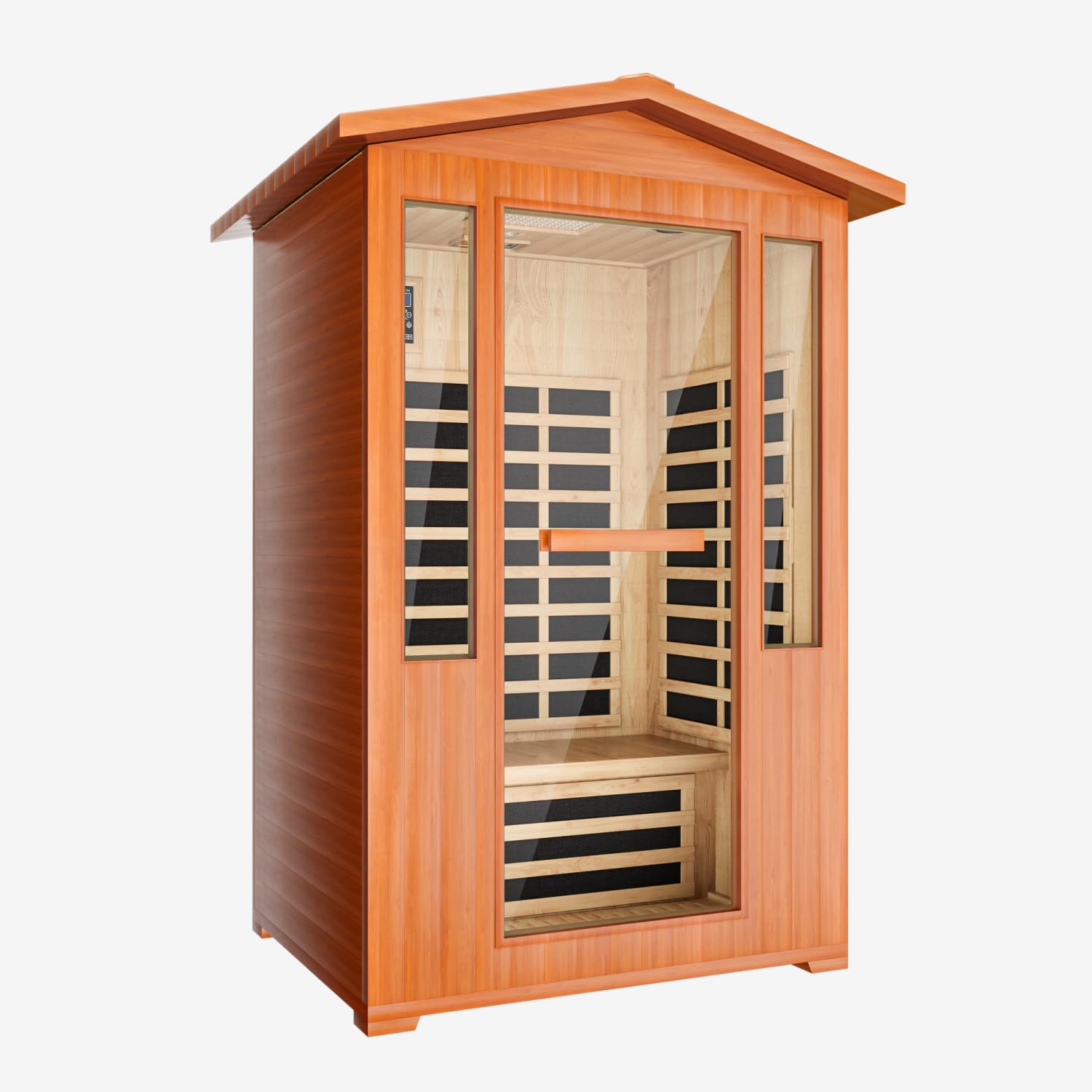 1 Person Far Infrared Sauna, Canadian Hemlock Thickened Wood, Extra-Thick Explosion-Proof Glass, 1000W Low EMF 110V with 7 Heaters, Chromotherapy Lights, Control Panel, Bluetooth Speaker, Red Cedar