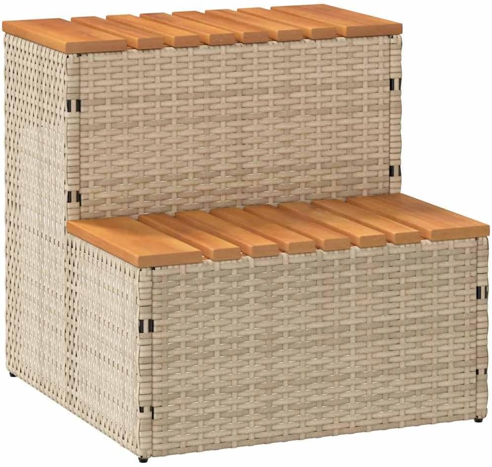 vidaXL Hot Tub Step Beige 19.7"x19.7"x19.9" Poly Rattan and Solid Acacia, spa tub Step, 2-Step Ladder, Step Stool, Step for hot tub, Pool Ladder