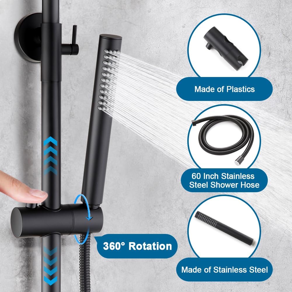 POP SANITARYWARE Outdoor Shower Kit Matte Black 2 Handle Shower Faucet Set Wall Mounted Shower Fixture High Pressure 8 Inch Shower Head System and Handheld Spray Combo