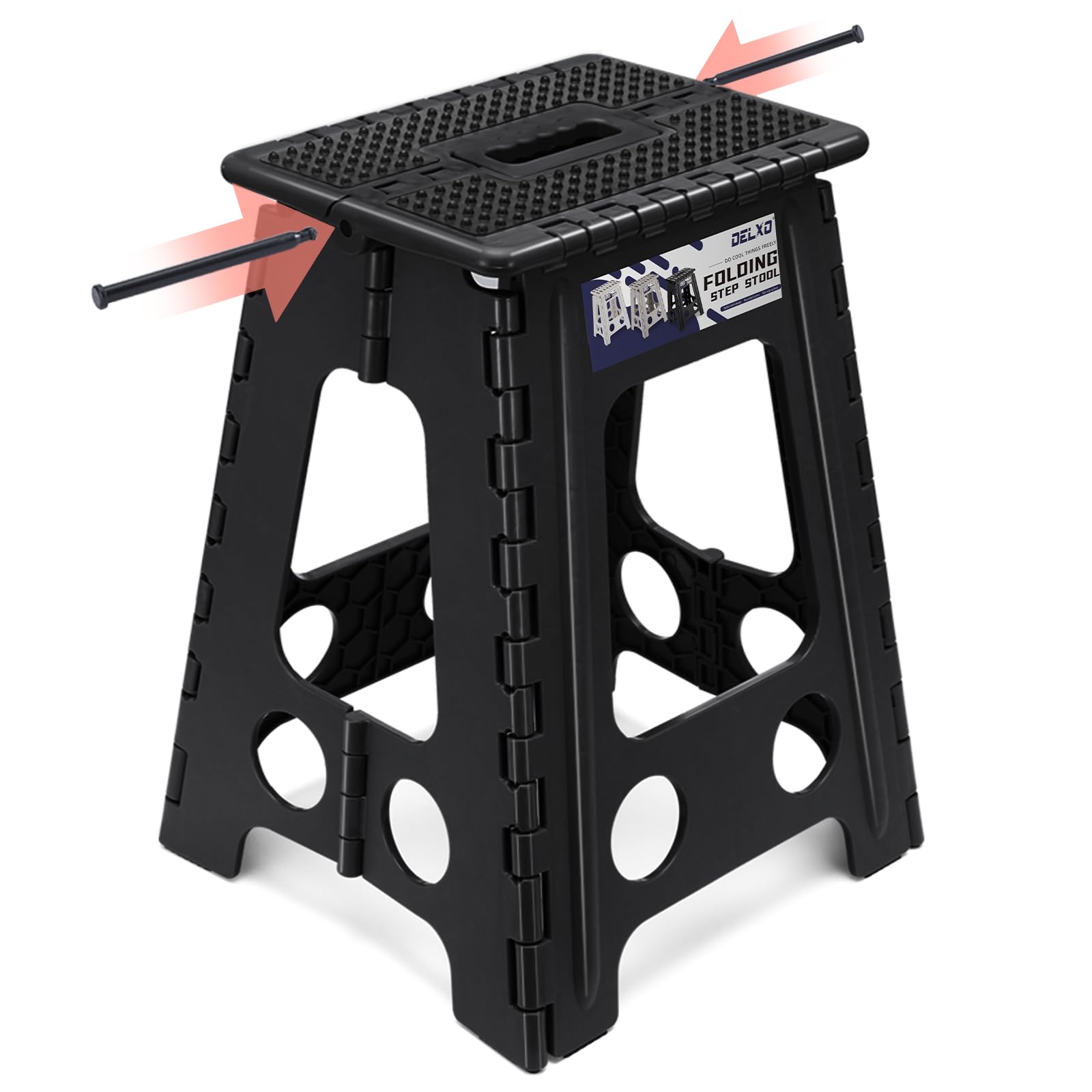 Delxo Folding Step Stool, 13 inch Non-Slip Foldable Stools Up to 300 LBS, Step Stool with Handle, Lightweight for Kitchen, Bathroom, Bedroom, Garden, Black, 1PC