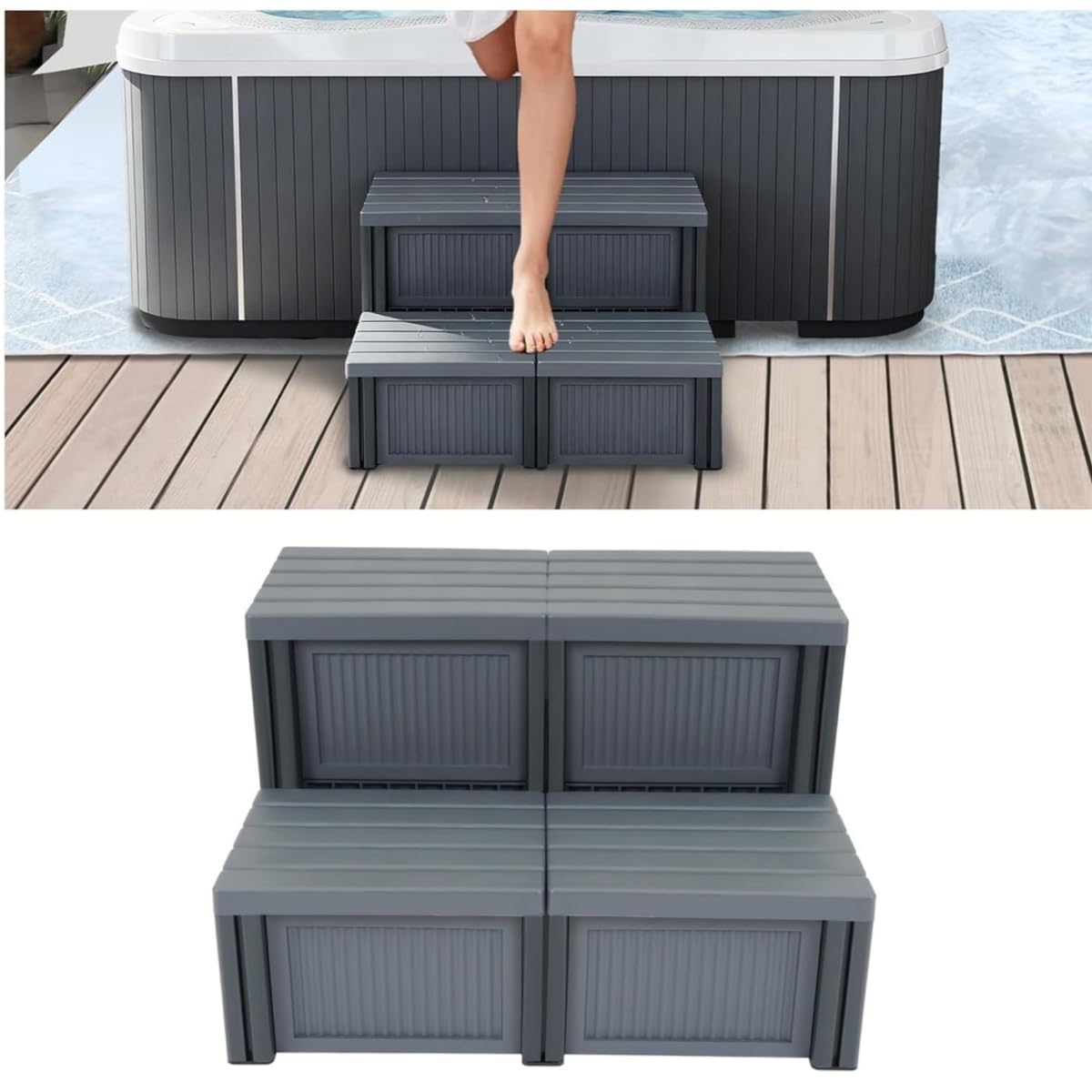 Hot Tub Steps Universal Sided Spa Steps 200lbs Load Capacity with Storage Compartment Outdoor/Indoor Spa Stairs for SPA, RV, Pool or Porch Plastic(PP) Textured Light Gray