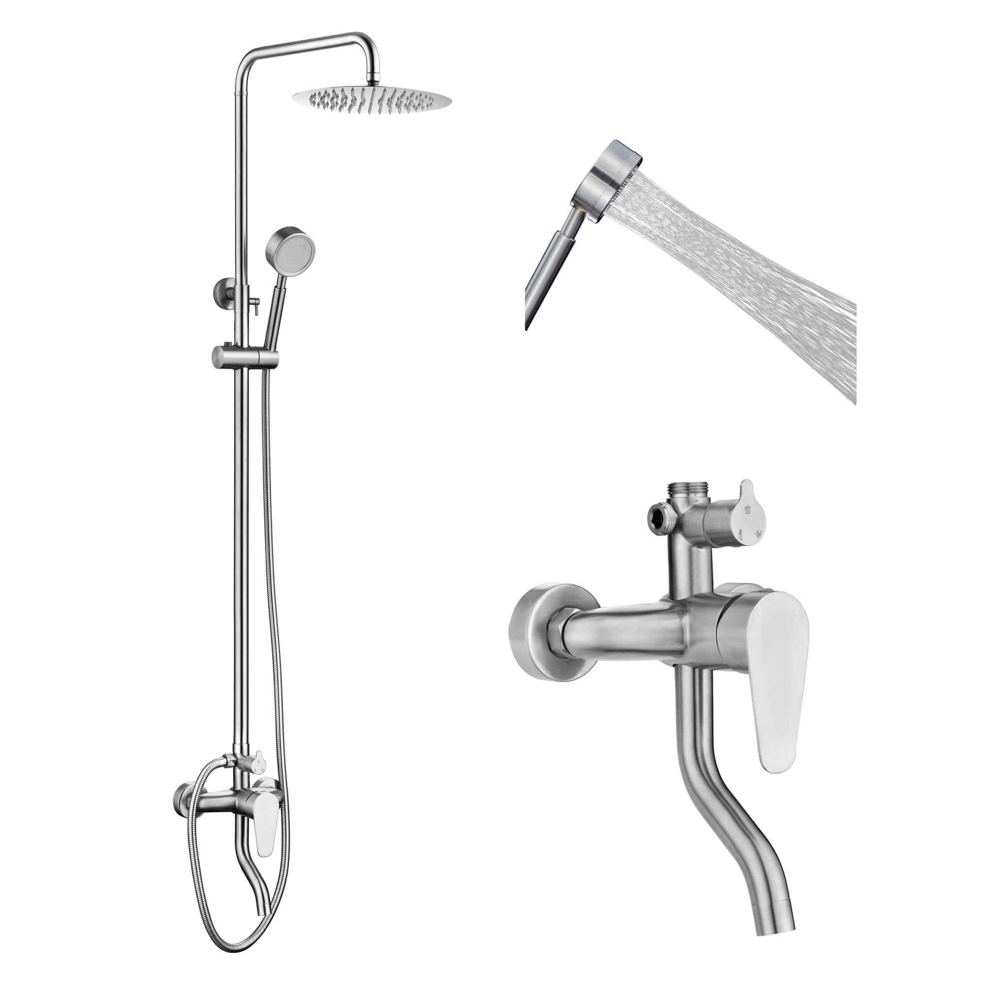Shower Faucet -Shower System，Shower Faucets Sets Complete - Outdoor Shower Kit/Outdoor Shower Enclosure/Outdoor Shower Fixtures W/ SS304 Shower Head with Handheld High Pressure, Brushed Nickel
