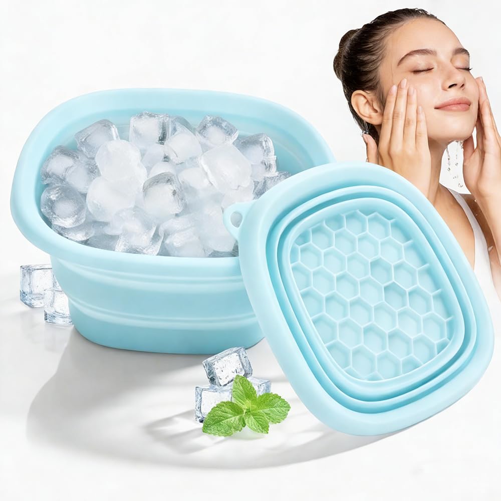 Face Ice Bath Bowl, Collapsible Silicone Bowl for Facial Cold Plunge, Reusable Cold Plunge Basin, Built-in Ice Tray for Skin Tightening, Ice Bath Tool for Home,Travel, Camping (Black, Square)