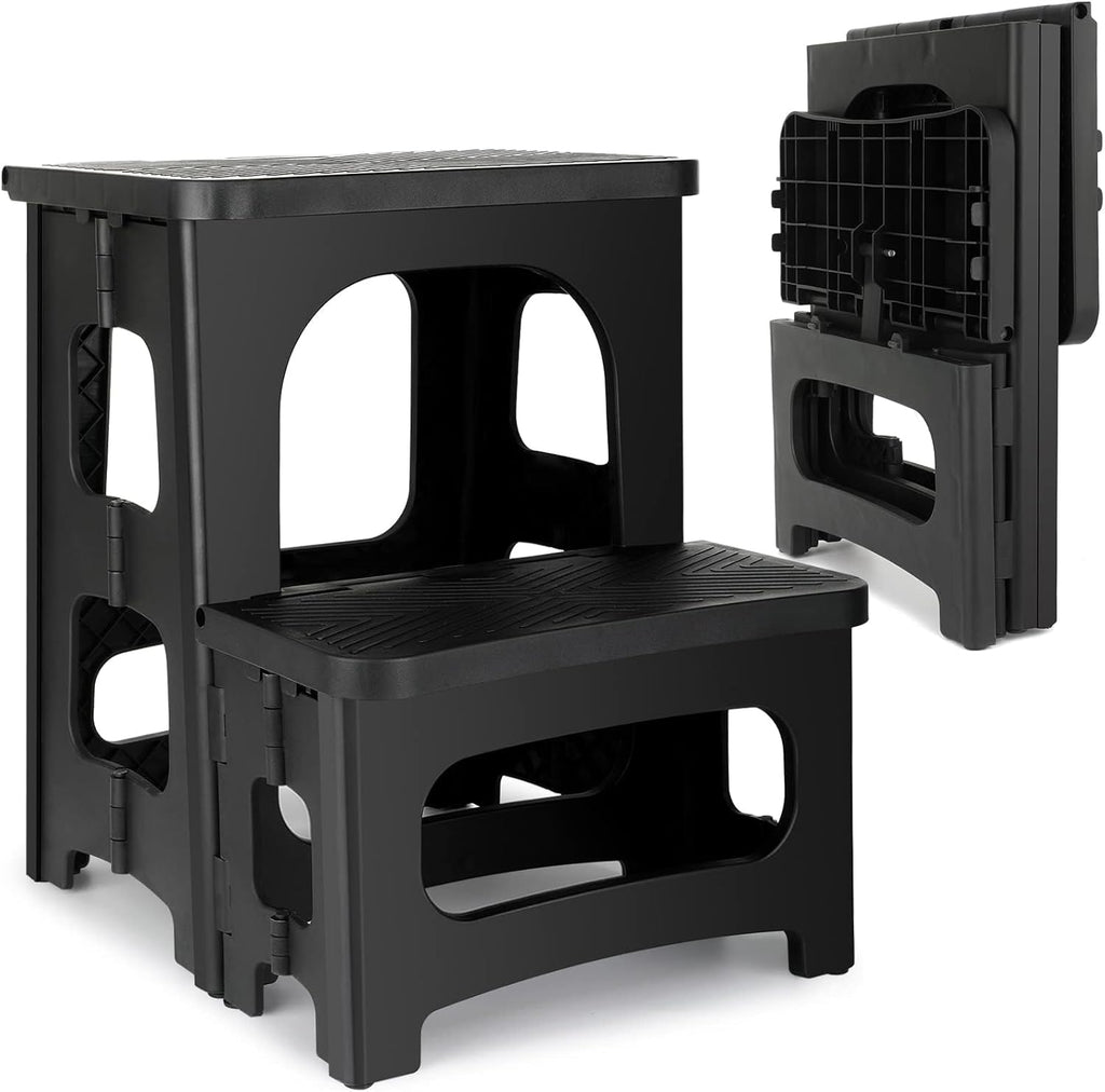 2 Step Folding Stool Non Slip 250 lb Capacity Foldable Step Stool 8 and 17 Inch Dual Height Portable Foot Stool for Kitchen Bathroom Black