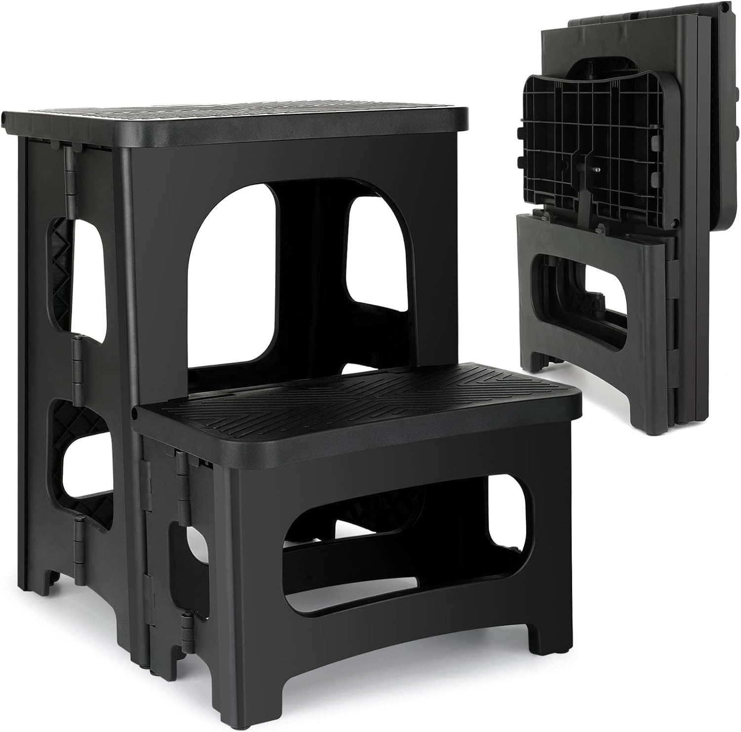 2 Step Folding Stool Non Slip 250 lb Capacity Foldable Step Stool 8 and 17 Inch Dual Height Portable Foot Stool for Kitchen Bathroom Black