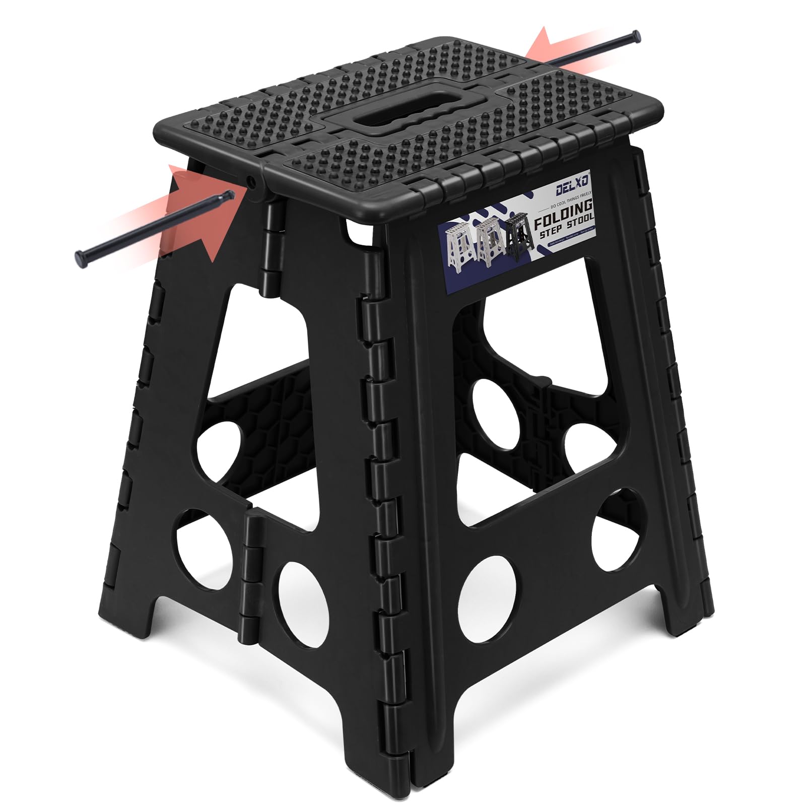 Delxo Folding Step Stool, 13 inch Non-Slip Foldable Stools Up to 300 LBS, Step Stool with Handle, Lightweight for Kitchen, Bathroom, Bedroom, Garden, Black, 1PC