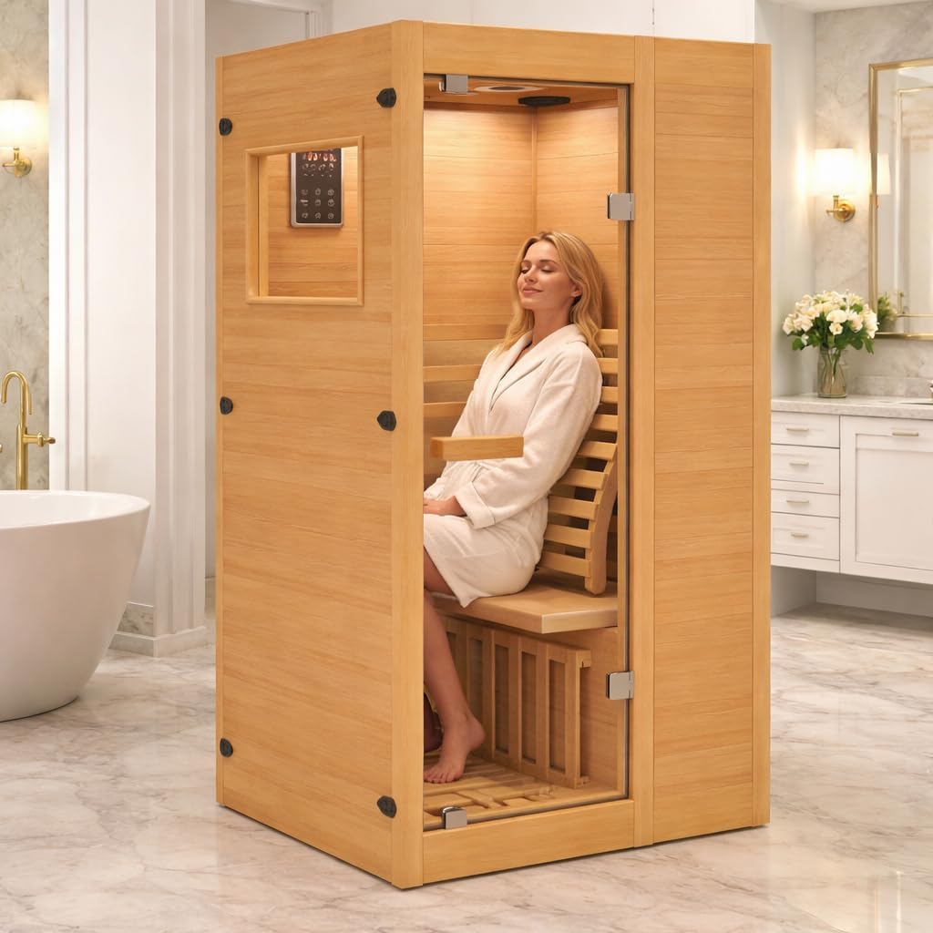 Infrared Sauna,1 Person Red Light Sanua with for Home,950w/110v Full Spectrum Indoor Dry Sauna, Carbon, Heater Panels, Bluetooth Audio, 8-Color Chromotherapy Lights, 35.4"x 31.5"x 66.9"