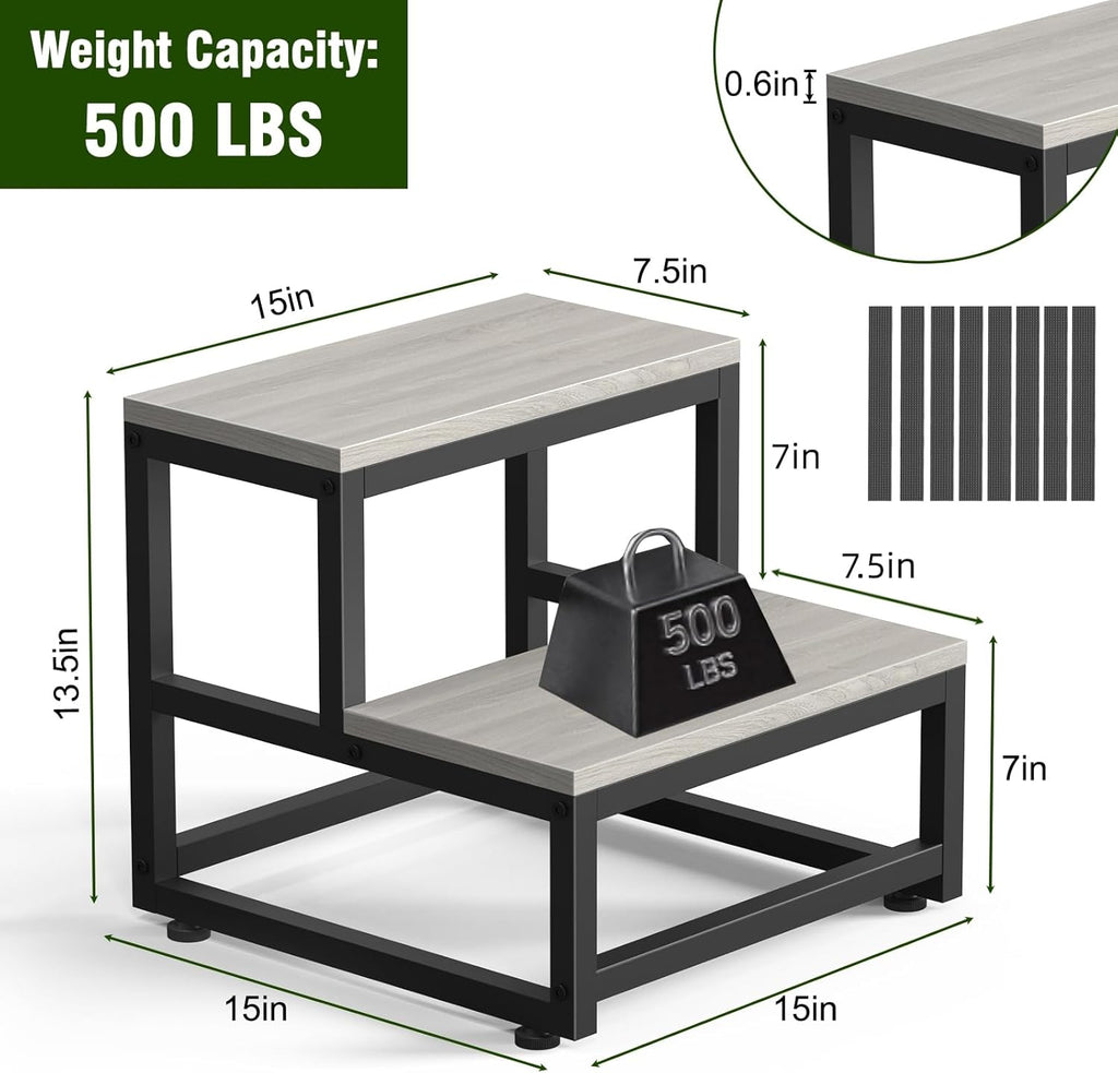 LIANTRAL Step Stool for Adults & Kids, Heavy Duty Wooden Stepping Stools, Bedside Foot Stool with 500lbs Load Capacity, Non-Slip 2 Step Stool for Bed, Kitchen, RV - Gray