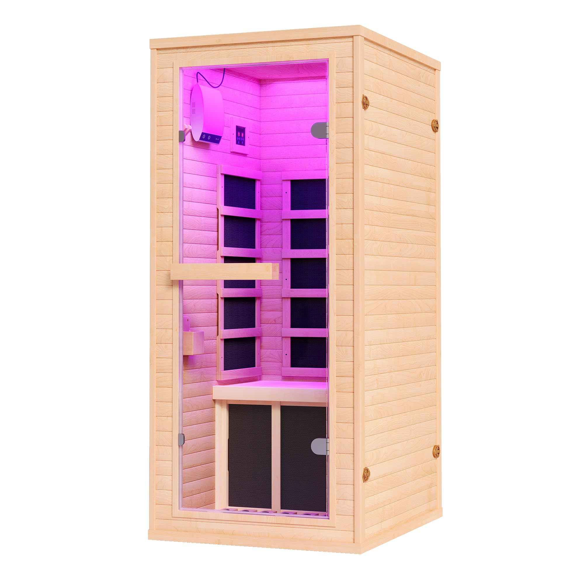 YUMPIE Outdoor Sauna 1 Person, Infrared Saunas for Home, Low EMF 110V Spruce Wood Dry Sauna with Tourmaline Stone Foot Warmer, 7-Color Light Therapy & 2 Bluetooth Speakers, 33.5"x35.4"x78.7"
