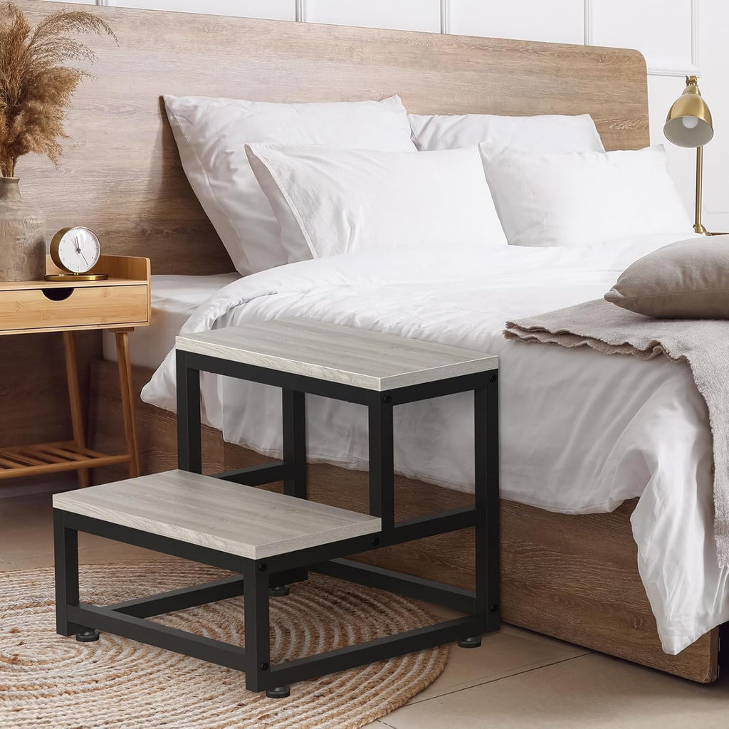 LIANTRAL Step Stool for Adults & Kids, Heavy Duty Wooden Stepping Stools, Bedside Foot Stool with 500lbs Load Capacity, Non-Slip 2 Step Stool for Bed, Kitchen, RV - Gray