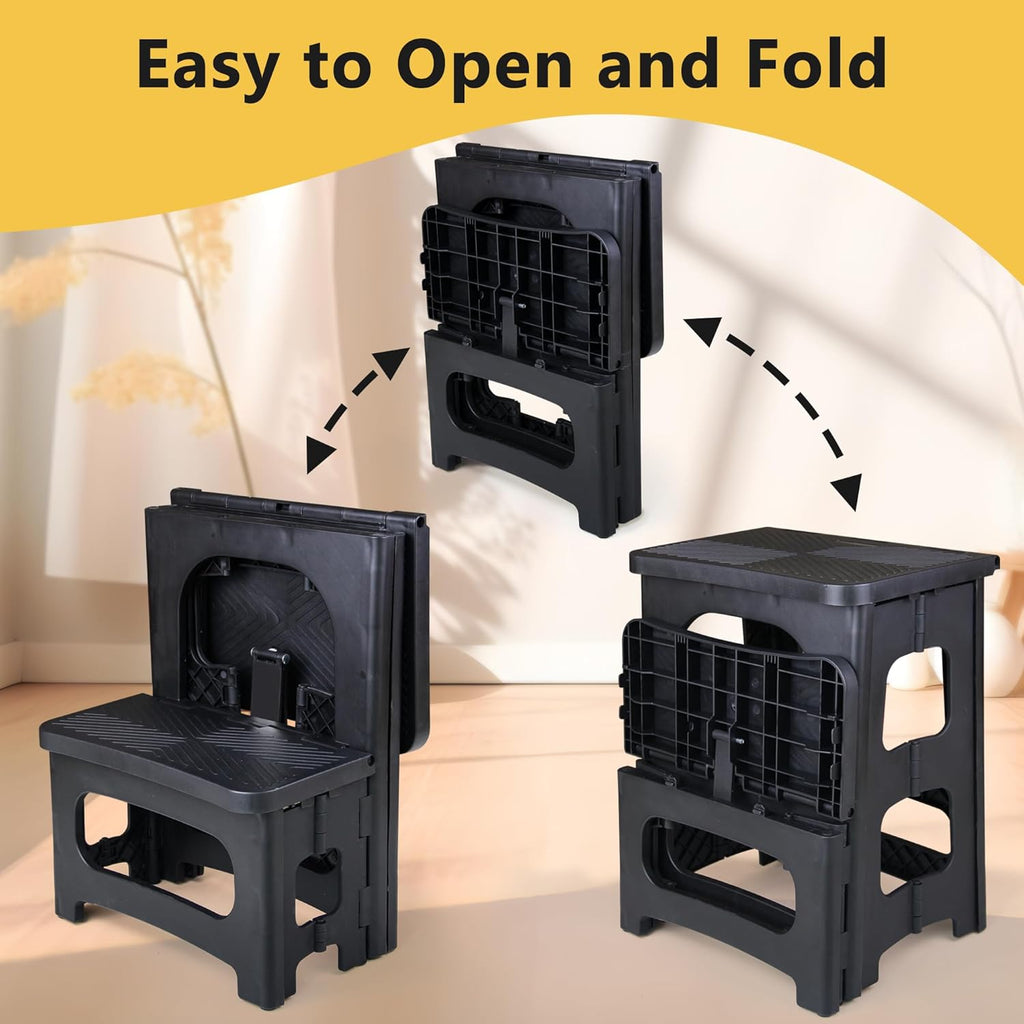 2 Step Folding Stool Non Slip 250 lb Capacity Foldable Step Stool 8 and 17 Inch Dual Height Portable Foot Stool for Kitchen Bathroom Black