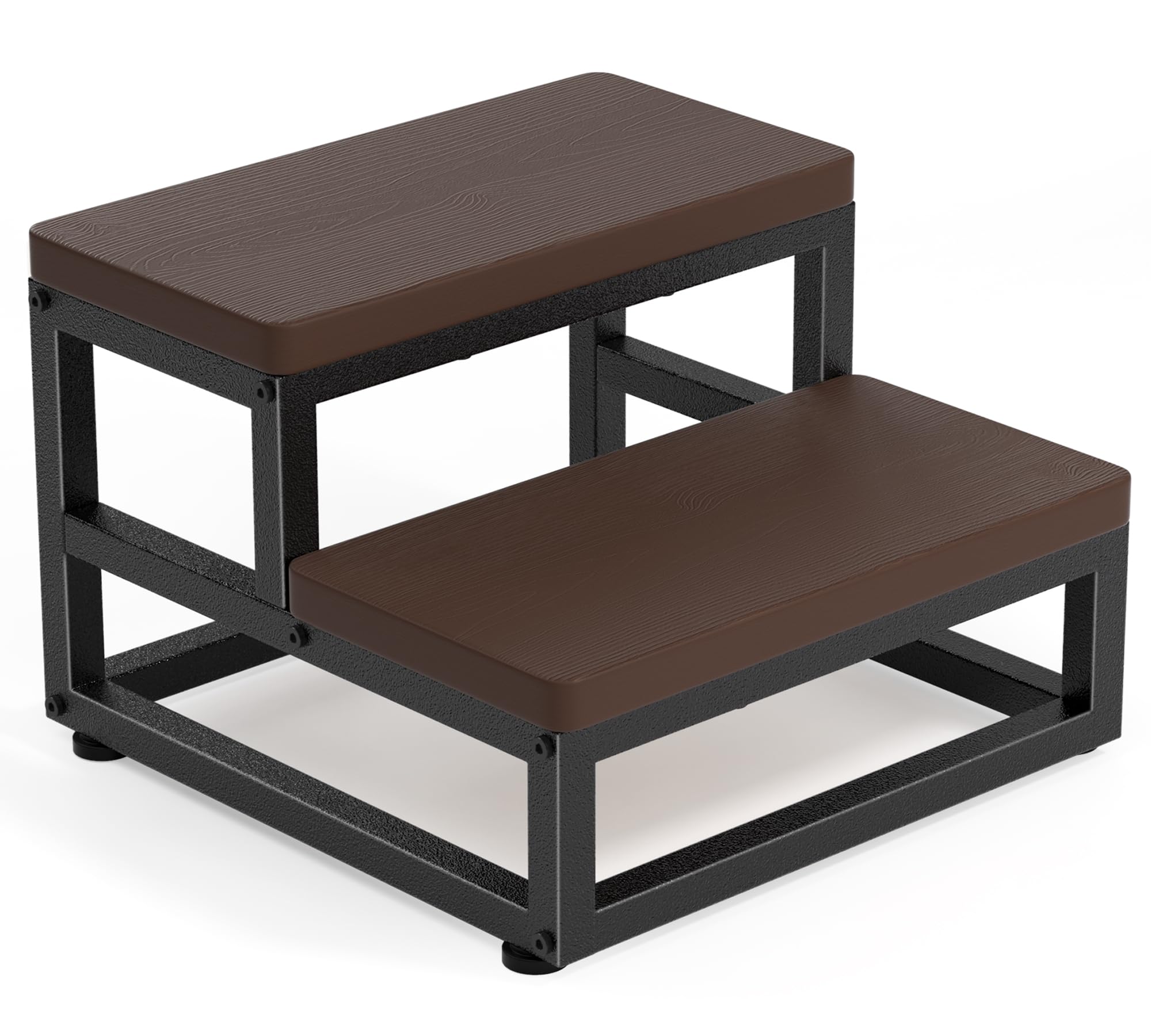 Y&M Two Step Stool for Adults Kids, Waterproof HPDE Bed Step Foot Stool with Adjustable Non-Slip Feet, Metal Frame Stepping for Kitchen Bathroom Bedroom Living Room, Indoor or Outdoor Use, Brown
