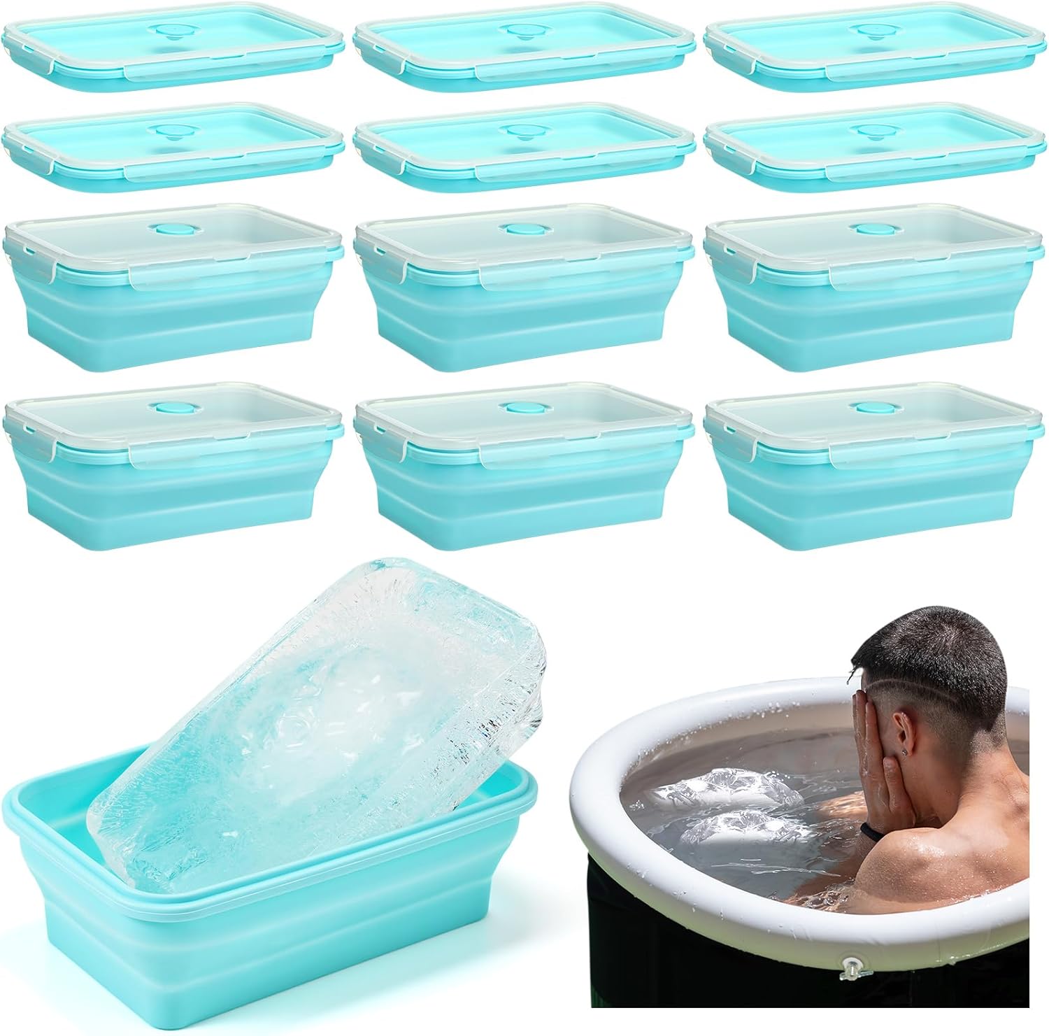 Reallnaive 12 Pack Collapsible Large Ice Cube Molds with Lid 30 lb Silicone Bath Ice Block Mold Reusable Food Storage Chiller Brick Container for Cold Plunge Freezer Lunch Picnic Bento Box