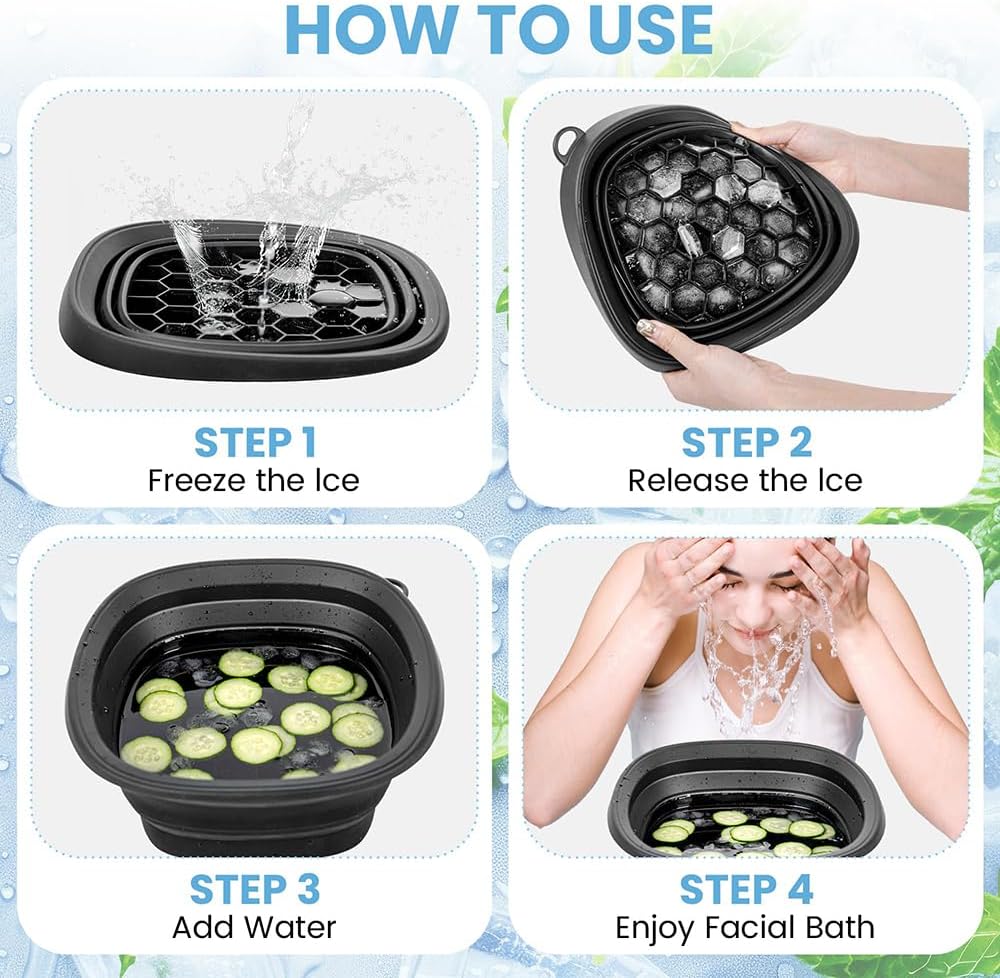 Face Ice Bath Bowl, Collapsible Silicone Bowl for Facial Cold Plunge, Reusable Cold Plunge Basin, Built-in Ice Tray for Skin Tightening, Ice Bath Tool for Home,Travel, Camping (Black, Square)