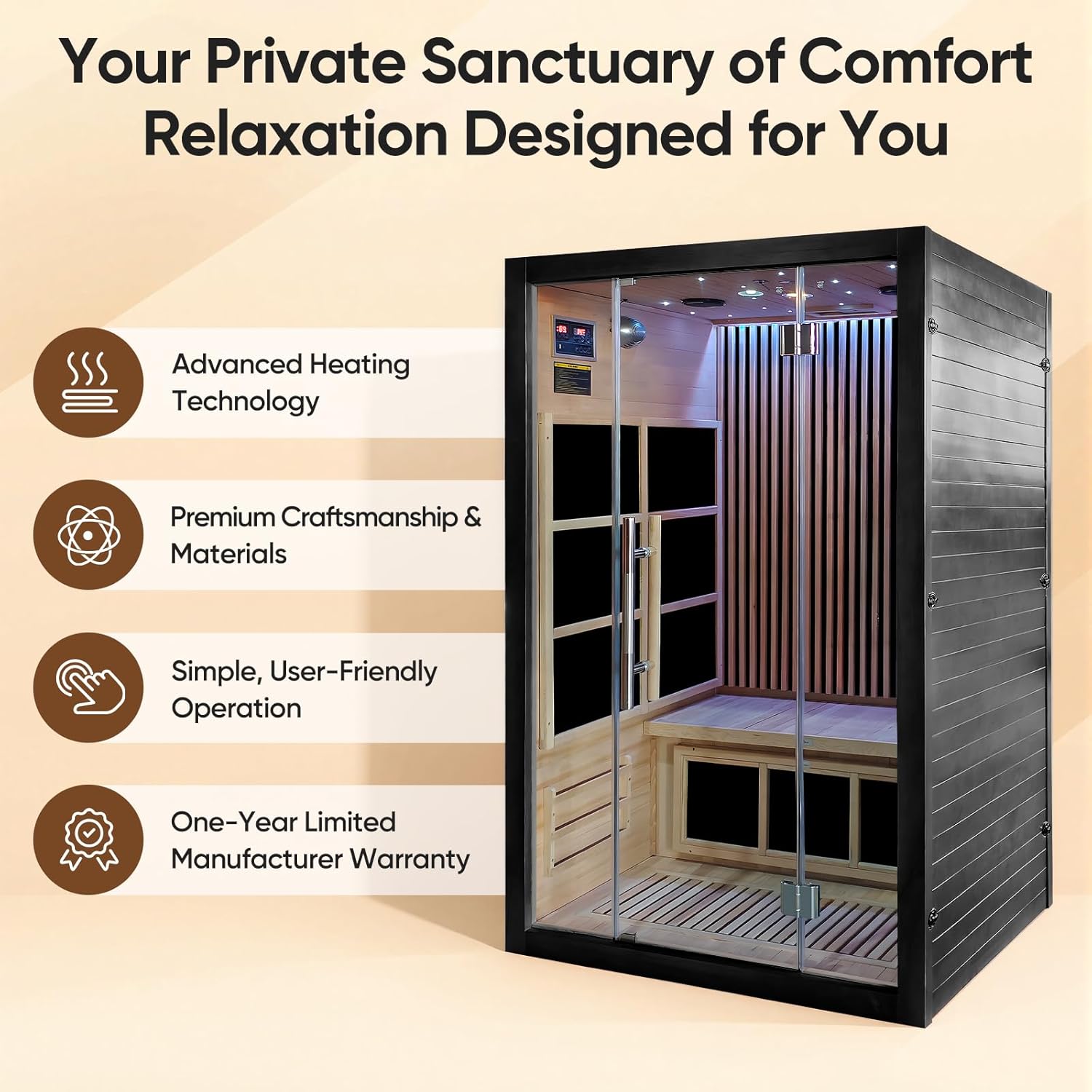 Vyre Sauna for 2 Person, Low EMF FAR Infrared Home Sauna with 6 Carbon Heaters, Red Light Therapy and FM Audio, Made from Canadian Hemlock Wood, 120V, Black