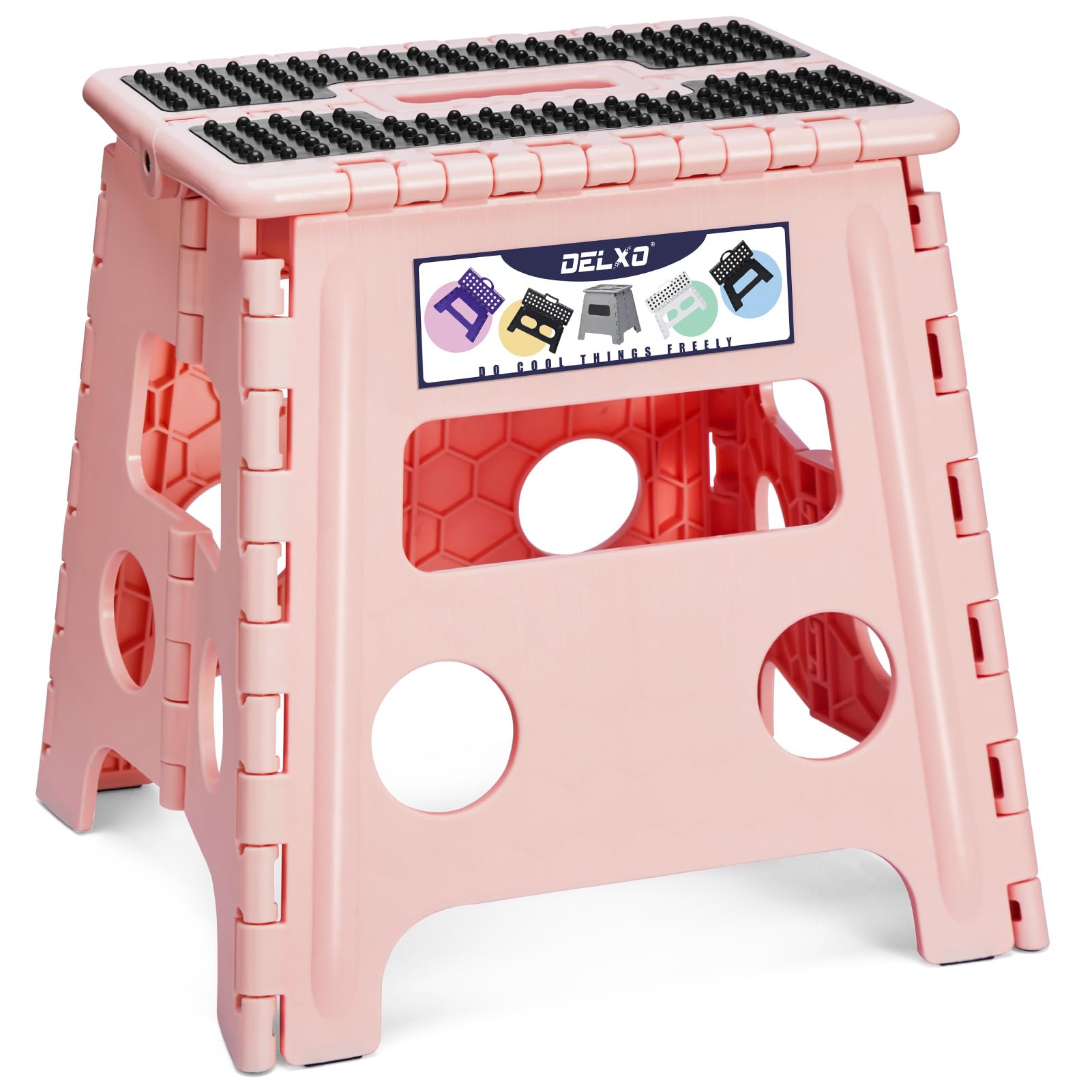 Delxo Folding Step Stool, 13 inch Non-Slip Foldable Stools Up to 300 LBS, Step Stool with Handle, Lightweight for Kitchen, Bathroom, Bedroom, Garden, Black, 1PC