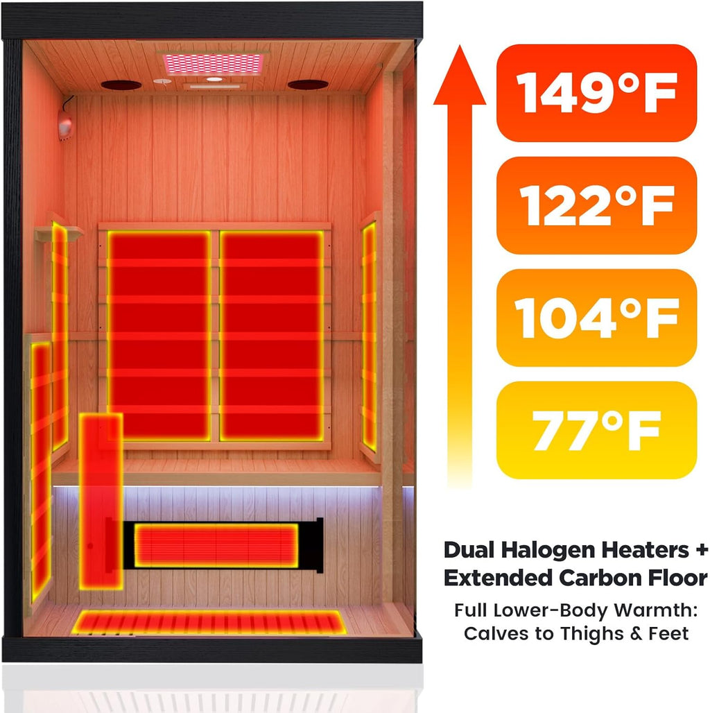 2-Person Full Spectrum Infrared Sauna, 1990W 120V with 12"*12" Red Light Therapy, 2 Speakers, Indoor Dry Sauna for Home & Gym, Canadian Hemlock Wood