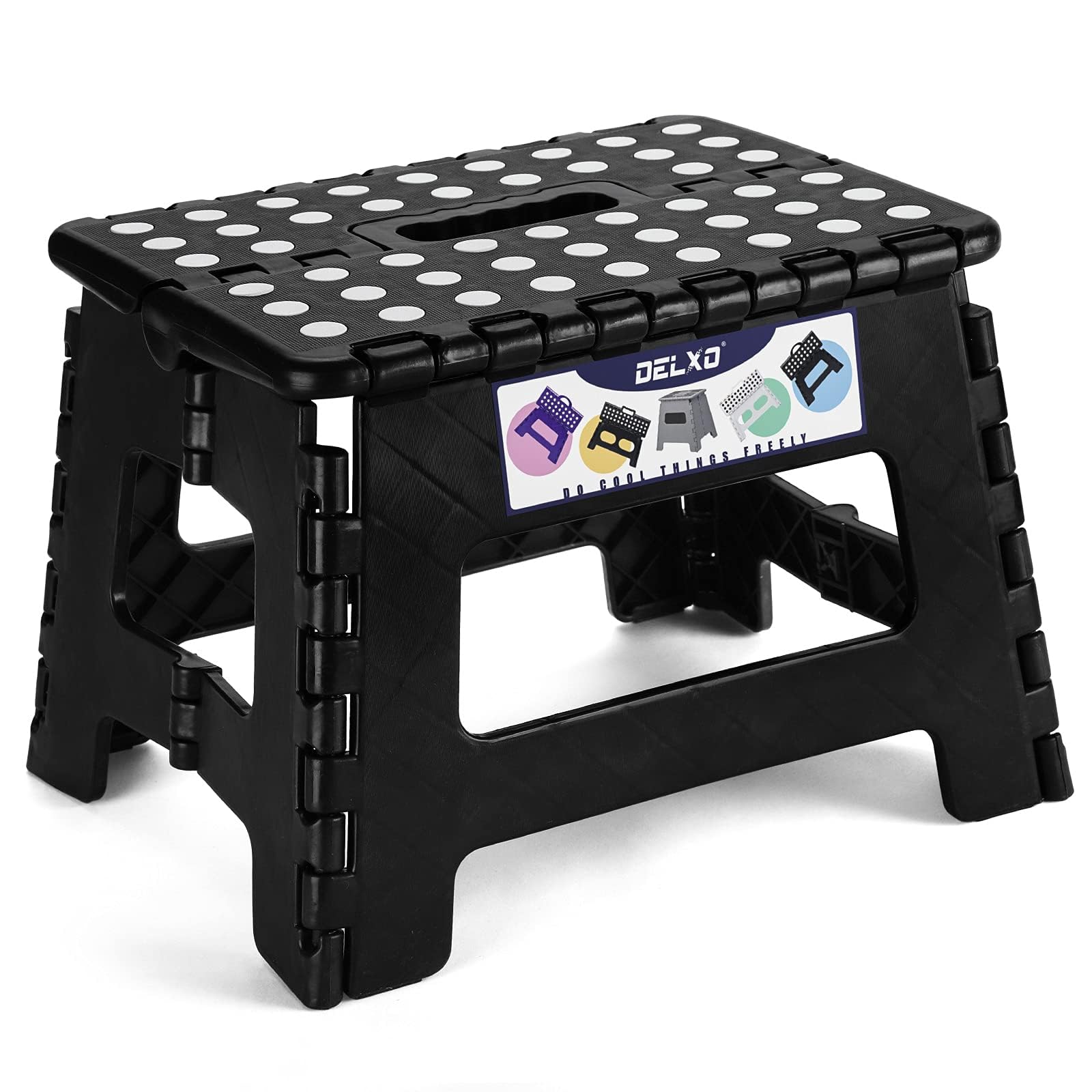Delxo Folding Step Stool, 13 inch Non-Slip Foldable Stools Up to 300 LBS, Step Stool with Handle, Lightweight for Kitchen, Bathroom, Bedroom, Garden, Black, 1PC
