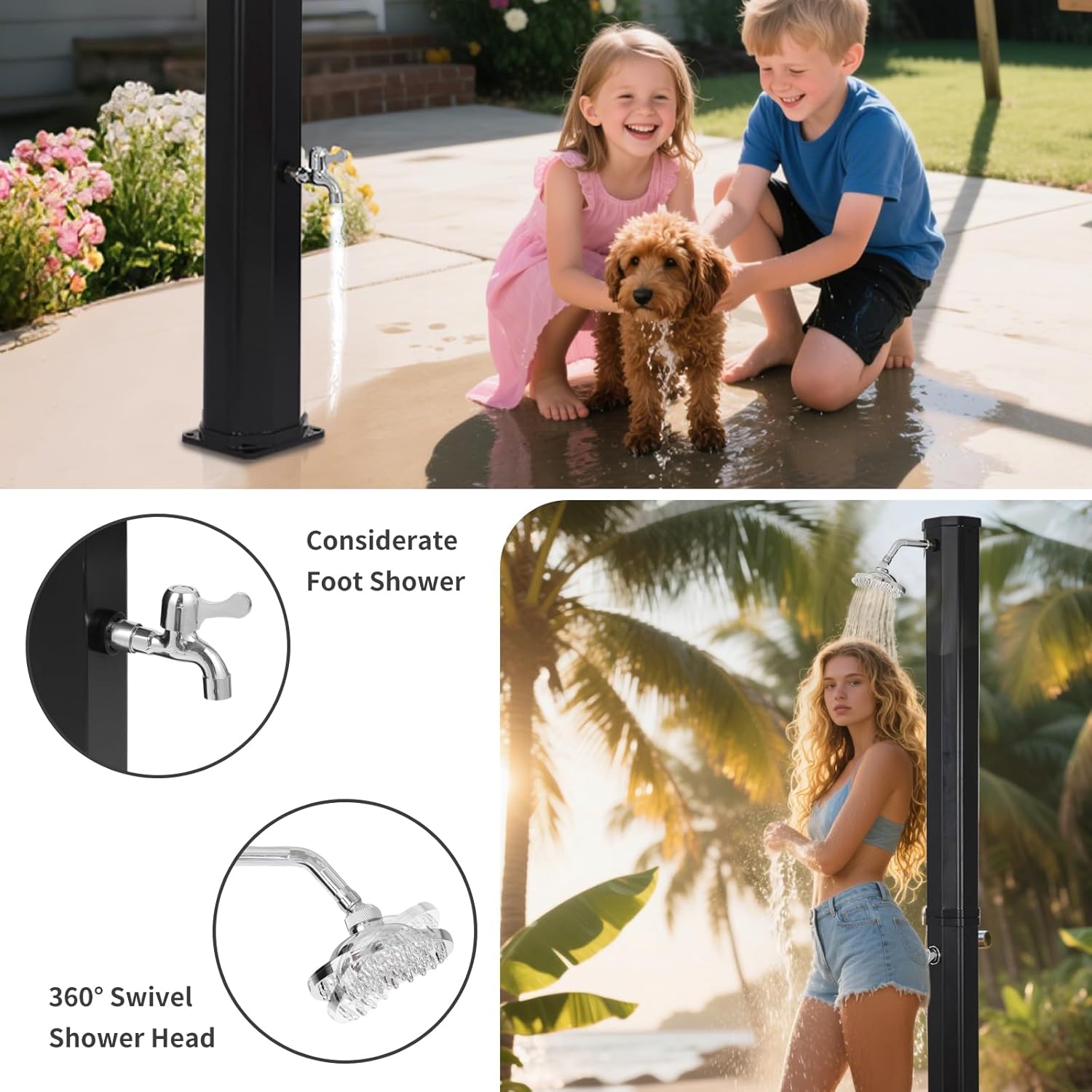 9.3 Gallon Solar Heated Outdoor Shower, 7.2FT Height, 360°Rotating Rainfall + 6FT Handheld Shower + Foot Faucet, Freestanding Black Poolside Shower with Hot & Cold Water Adjustment