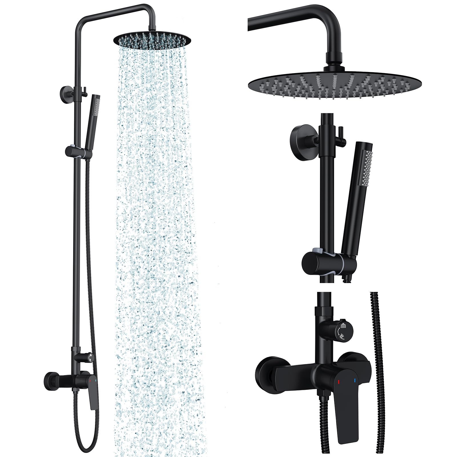 Rainsworth Outdoor Shower Kit Matte Black - Single Handle Brass Valve, 8 Inch Rain Shower Head and Handheld Spray Shower Fixture Combo, 304 Stainless Steel Wall Mount