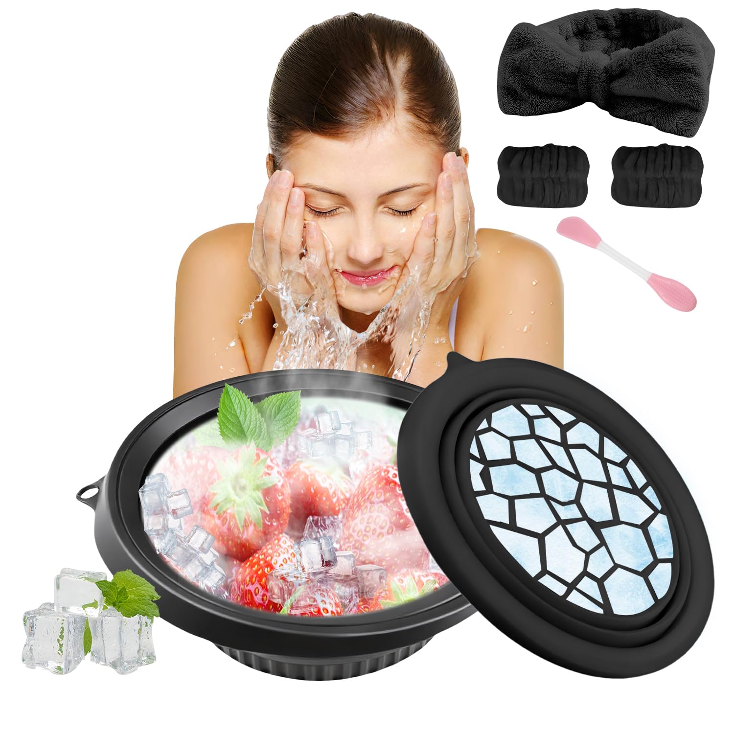 Face Tub for Ice Bath with Built-In Icetray, Collapsible Silicone Ice Face Bowl with Skincare Headband and Mask Brush, Cold Plunge Tub for Face,for Skin Tightening, Puffiness, Acne Relief & Glow