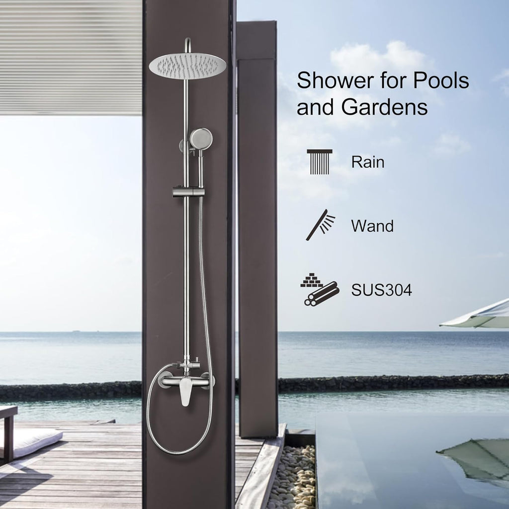 Shower Faucet -Shower System，Shower Faucets Sets Complete - Outdoor Shower Kit/Outdoor Shower Enclosure/Outdoor Shower Fixtures W/ SS304 Shower Head with Handheld High Pressure, Brushed Nickel