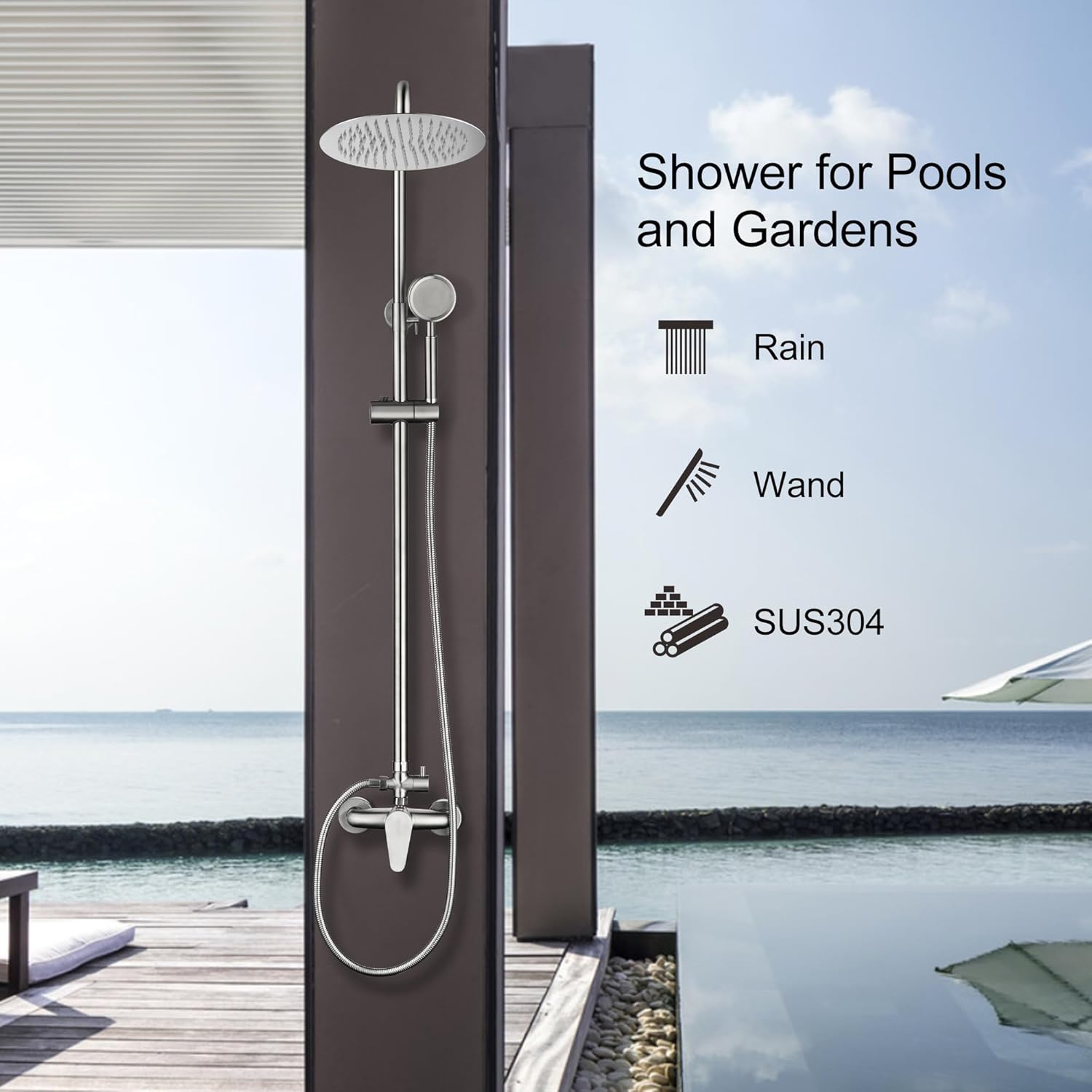 Shower Faucet -Shower System，Shower Faucets Sets Complete - Outdoor Shower Kit/Outdoor Shower Enclosure/Outdoor Shower Fixtures W/ SS304 Shower Head with Handheld High Pressure, Brushed Nickel