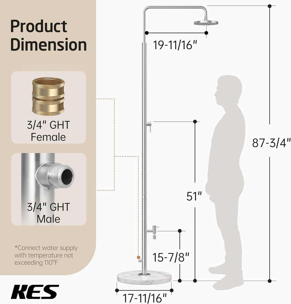 KES Natural Marble Outdoor Shower with Weighted Base, Freestanding Poolside Rain Shower Head & Foot Rinse, 3/4" Brass Hose Adapter, Anti-tip Strap & Ground Stake, 18/8 Stainless Steel, ODS200F18-BS